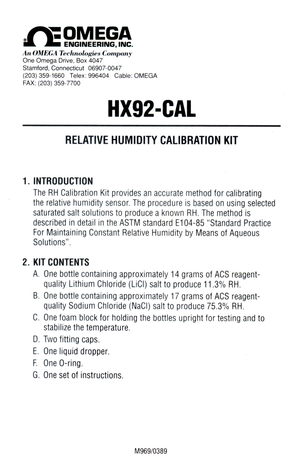 Omega Products HX92-CAL Installation  Manual