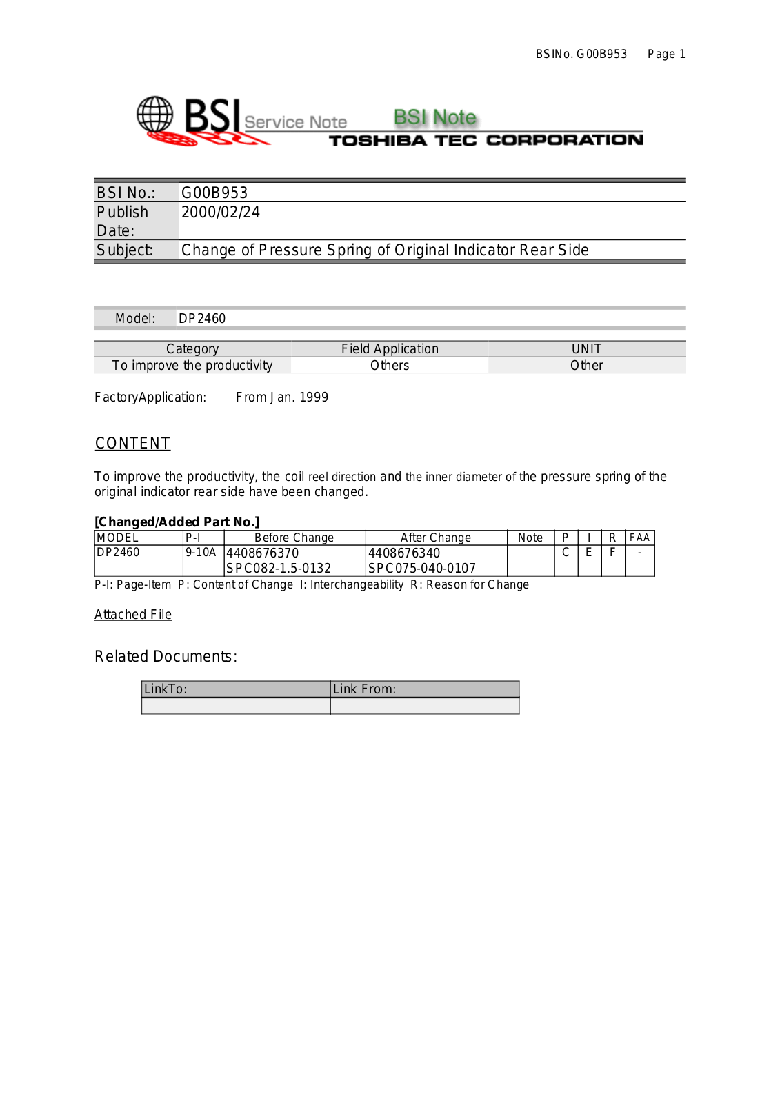 Toshiba g00b953 Service Note