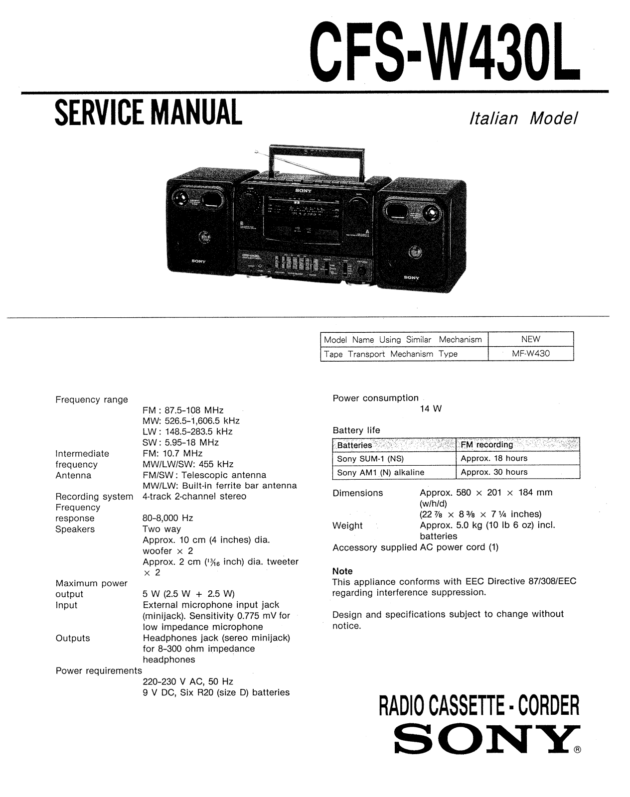 Sony CFSW-430-L Service manual