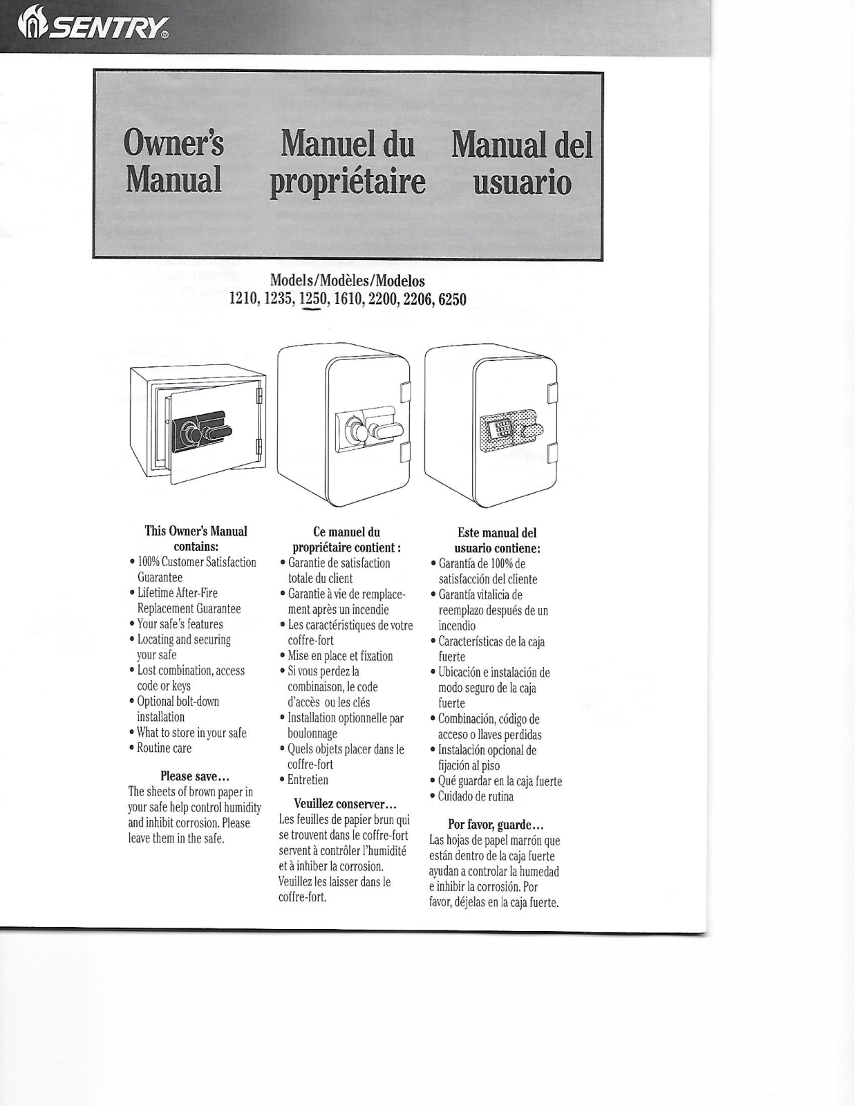 Sentry 1210, 1610, 2200, 2206, 1235 Owner's Manual