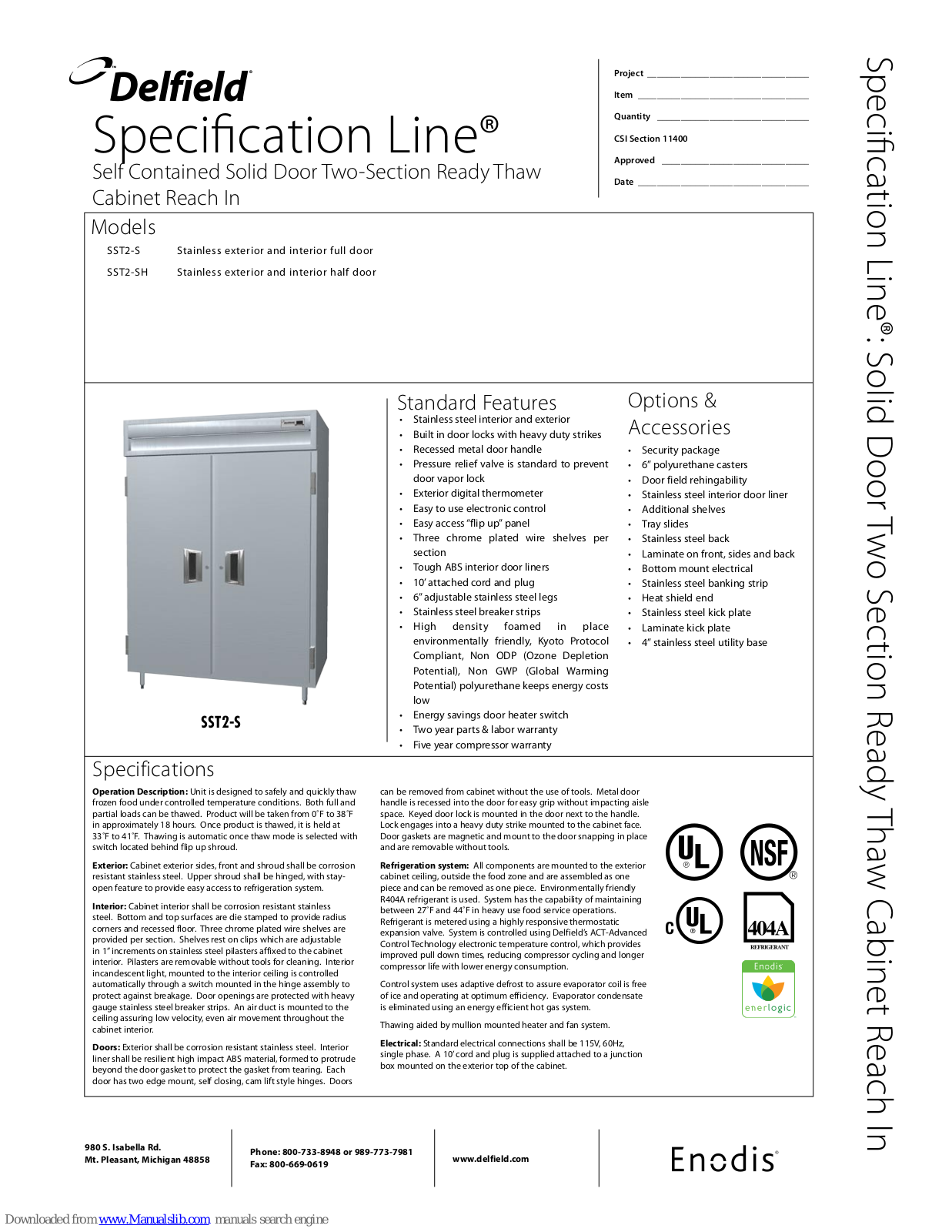 Delfield SST2-S, SST2-SH Specification