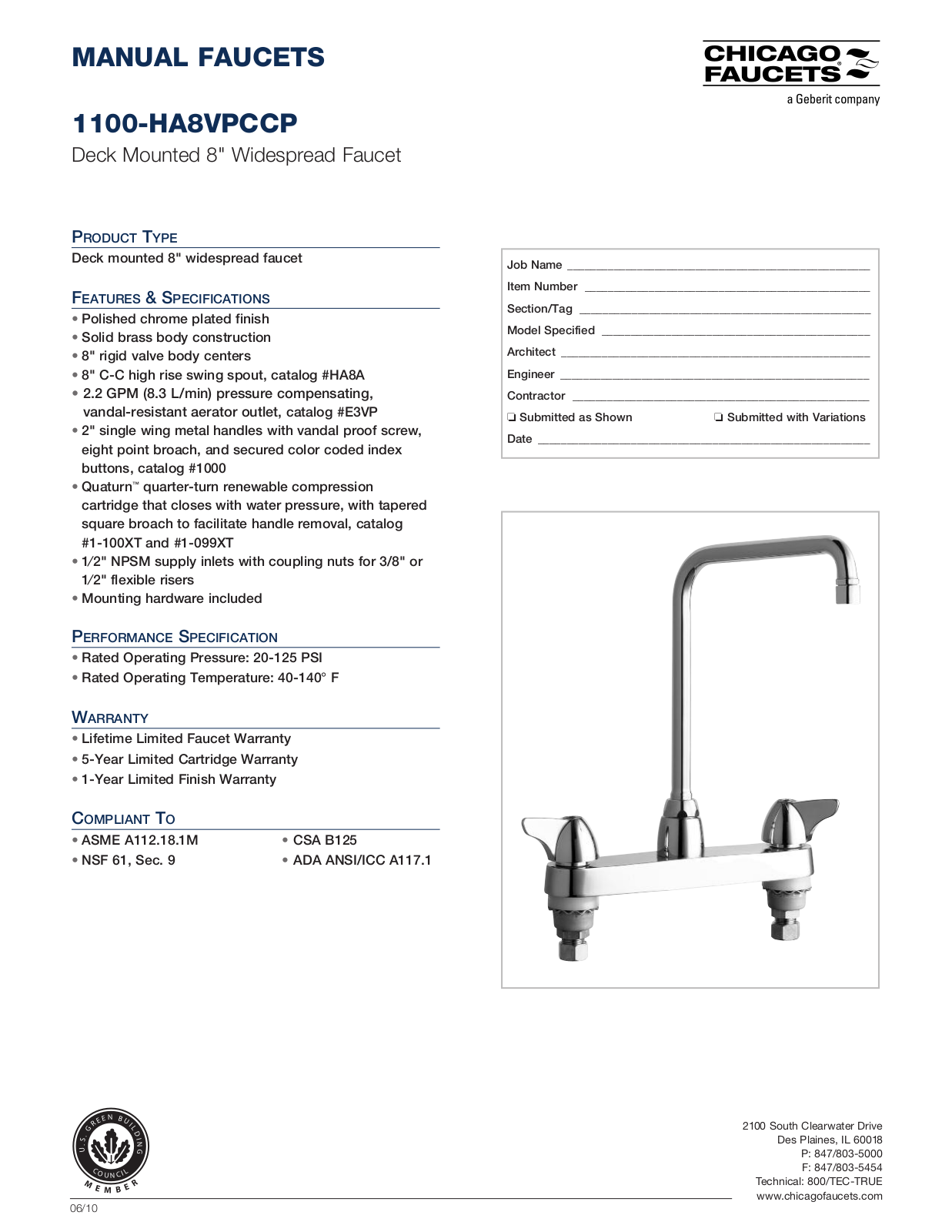 Chicago Faucet 1100-HA8VPC Specifications