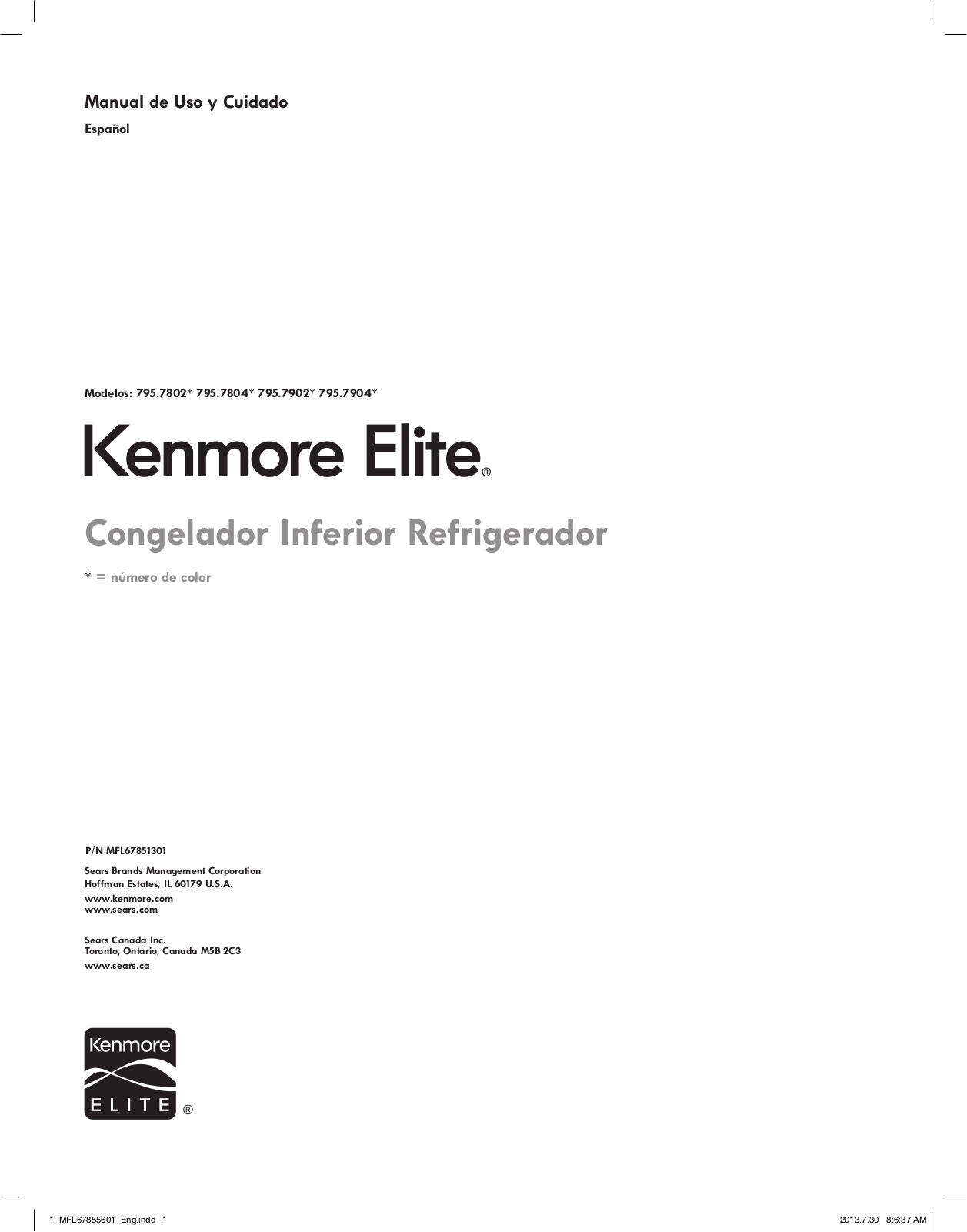 Kenmore Elite 24 cu. ft. Bottom-Freezer Refrigerator, Elite 22 cu. ft. Bottom-Freezer Refrigerator Owner's Manual