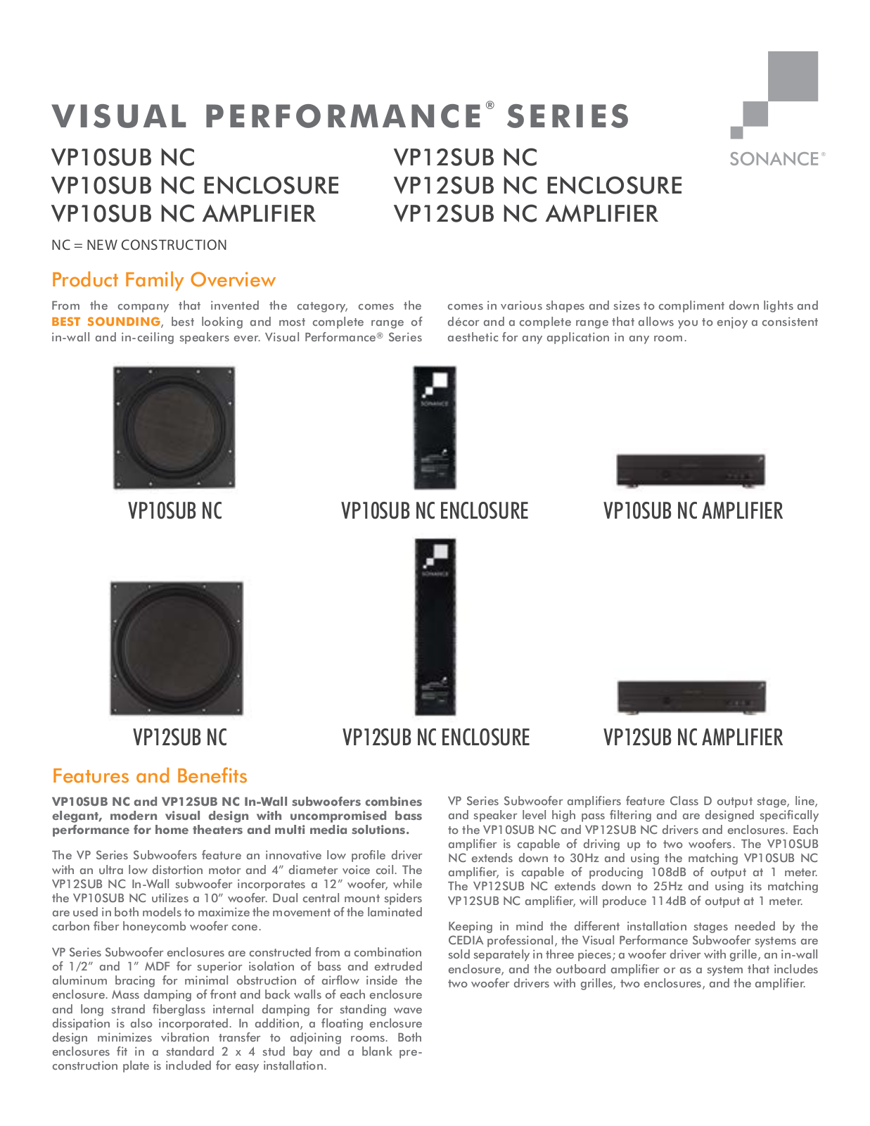 Sonance VP10SUB NC, VP12SUB NC Catalog