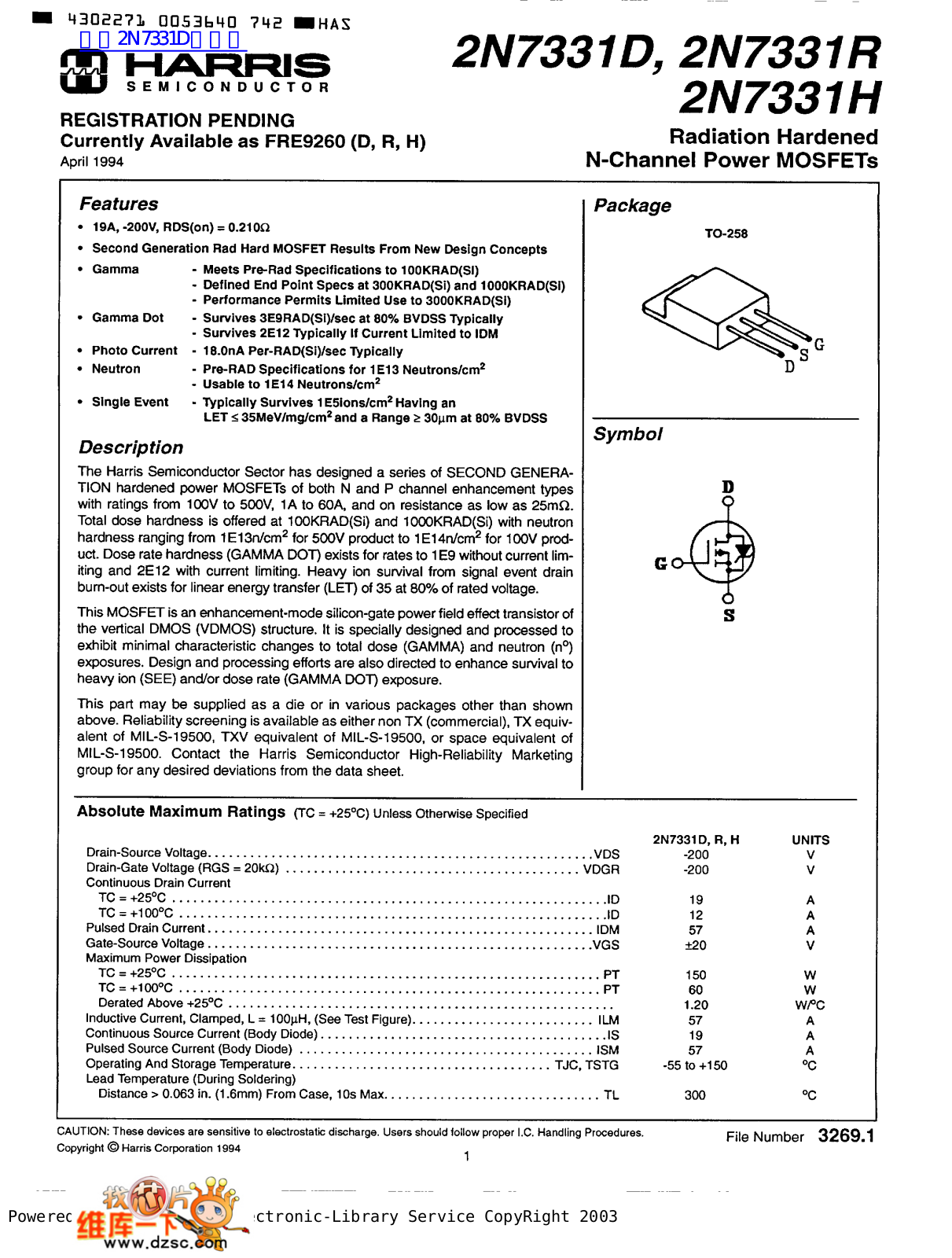 HARRIS Semiconductor 2N7331D, 2N7331R, 2N7331H Service Manual