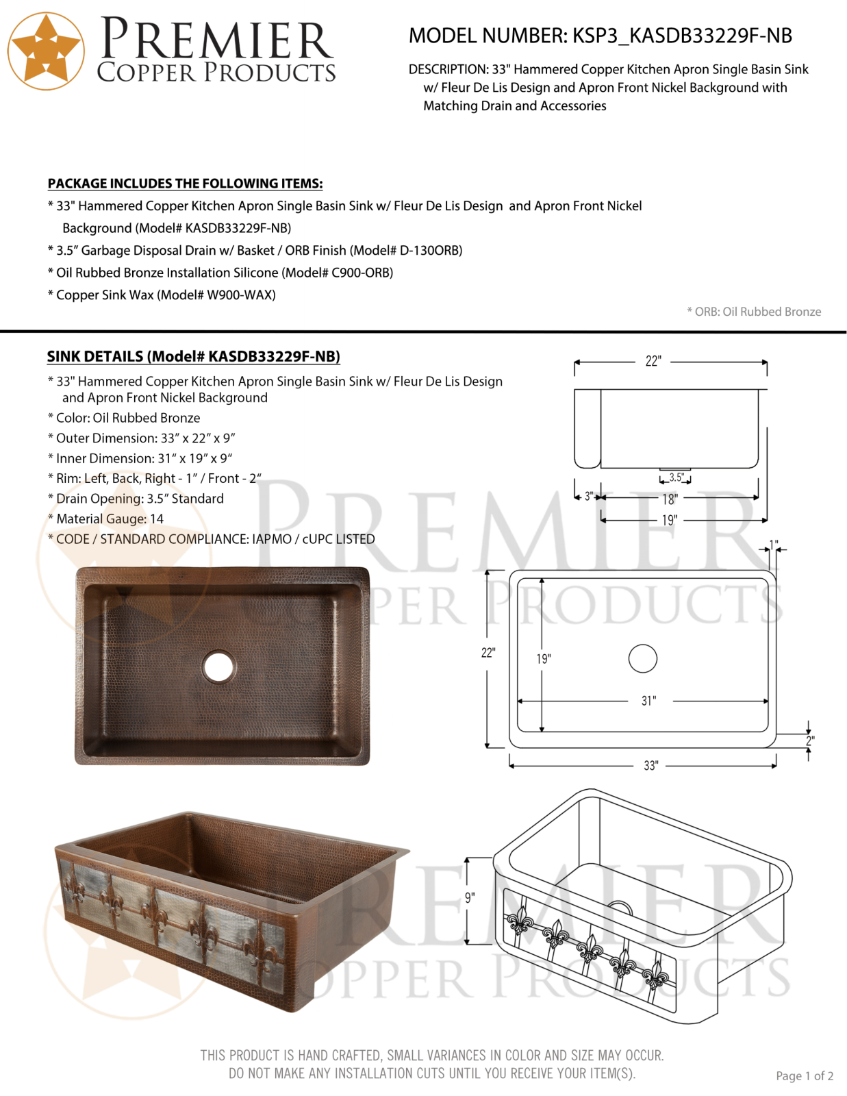 Premier Copper Products IER1884 Specifications - ManualMachine.com