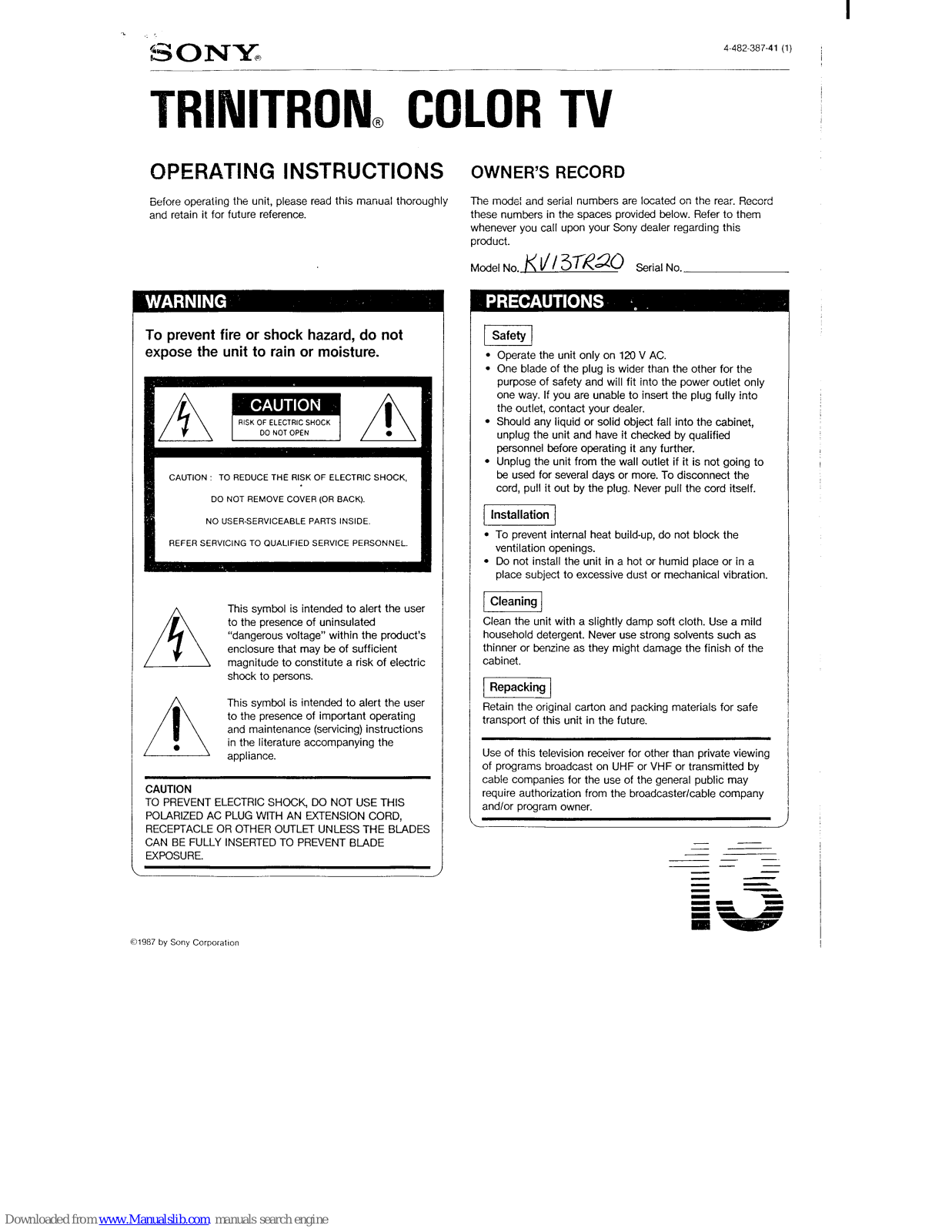 Sony Trinitron KV-13TR20 Operating Instructions Manual