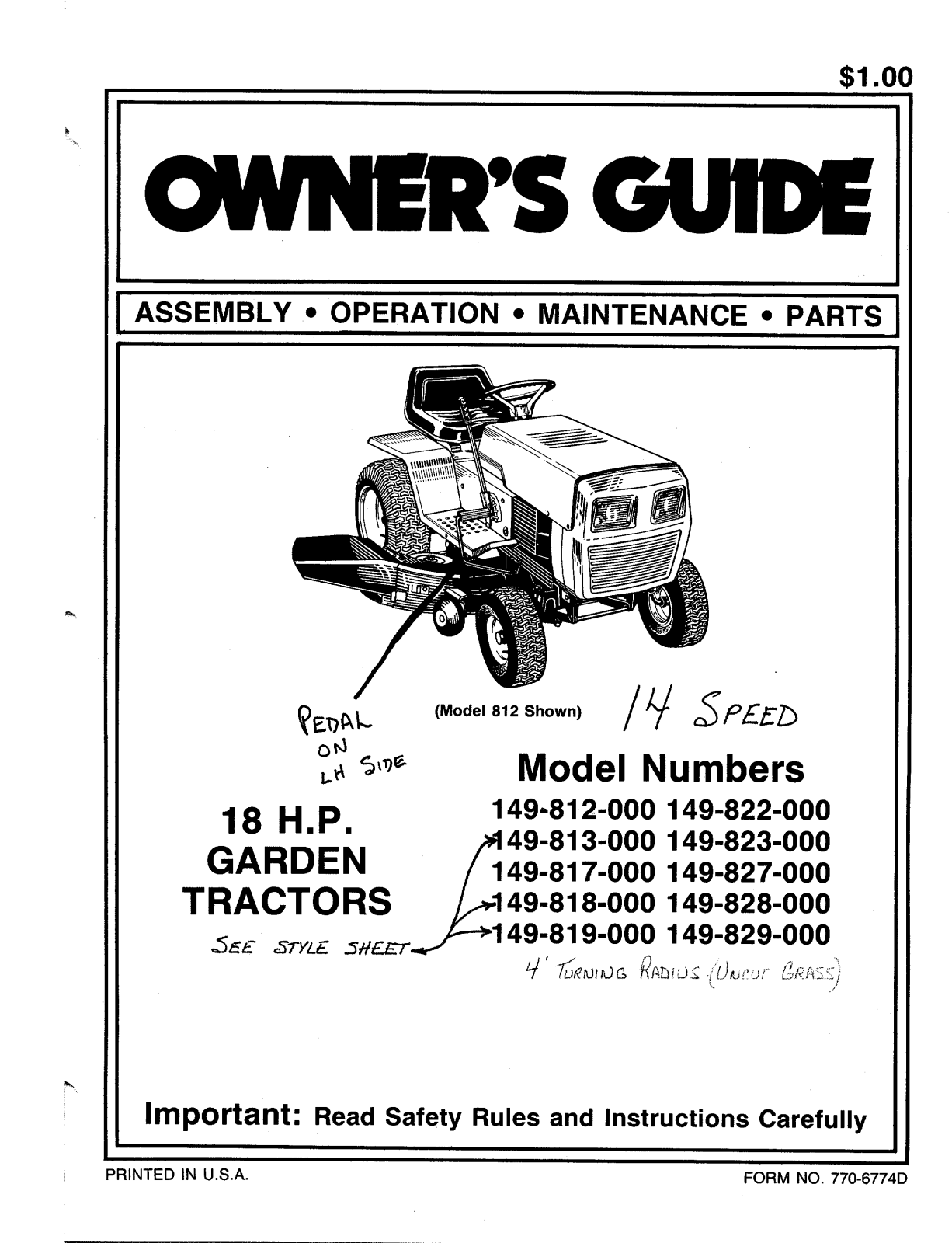 Bolens 149-819-000, 142-849H000, 149-812-000, 142-848H000, 149-823-000 User Manual