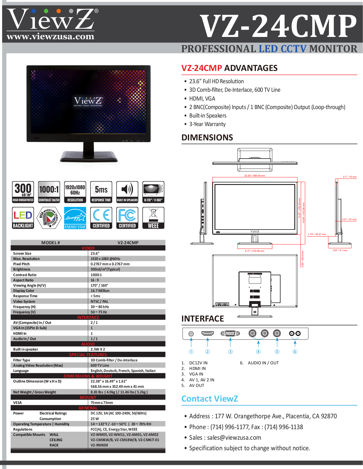 ViewZ VZ-24CMP Specsheet