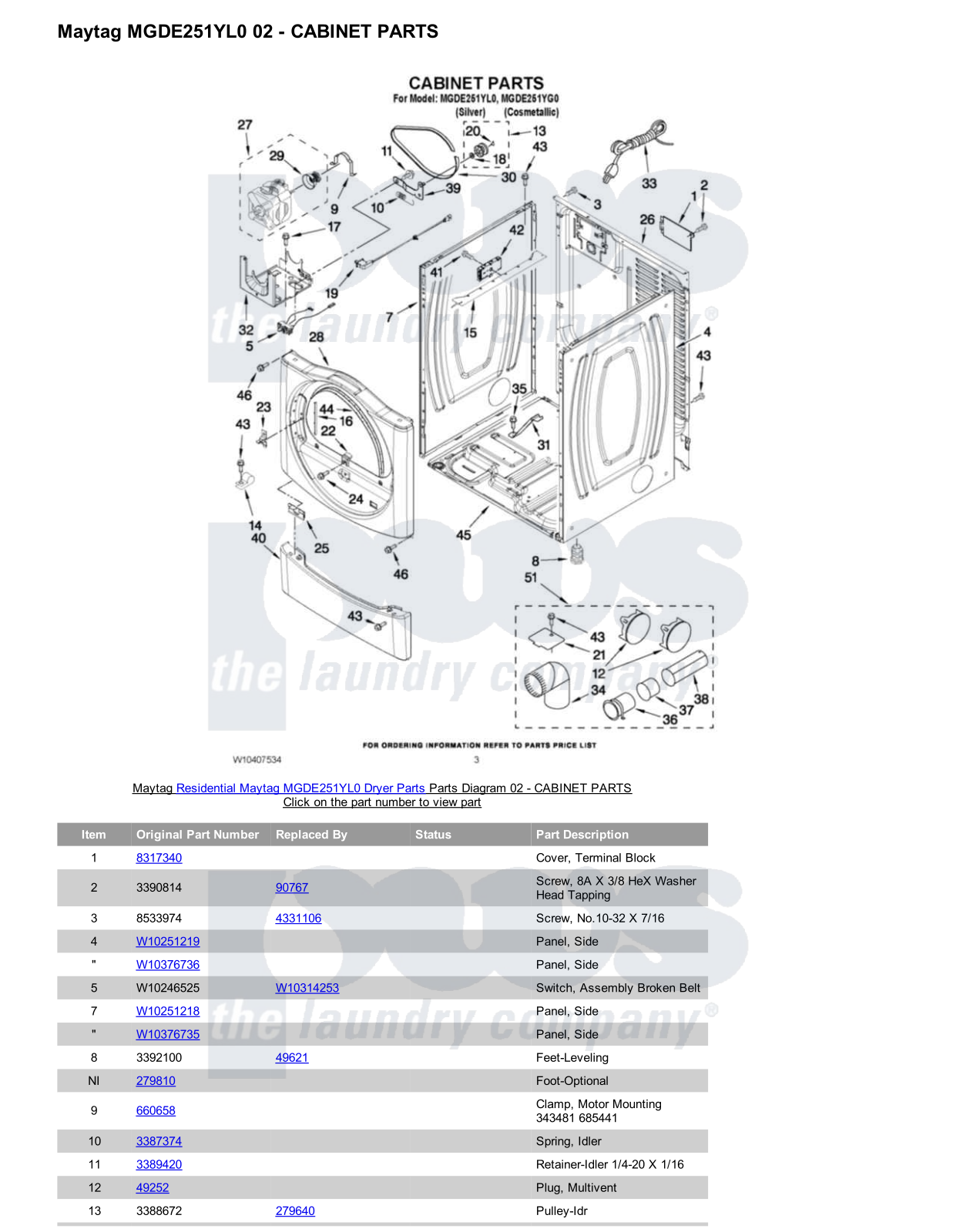 Maytag MGDE251YL0 Parts Diagram