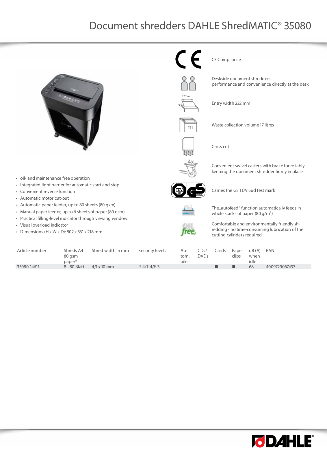 Dahle ShredMATIC 35080 Technical data