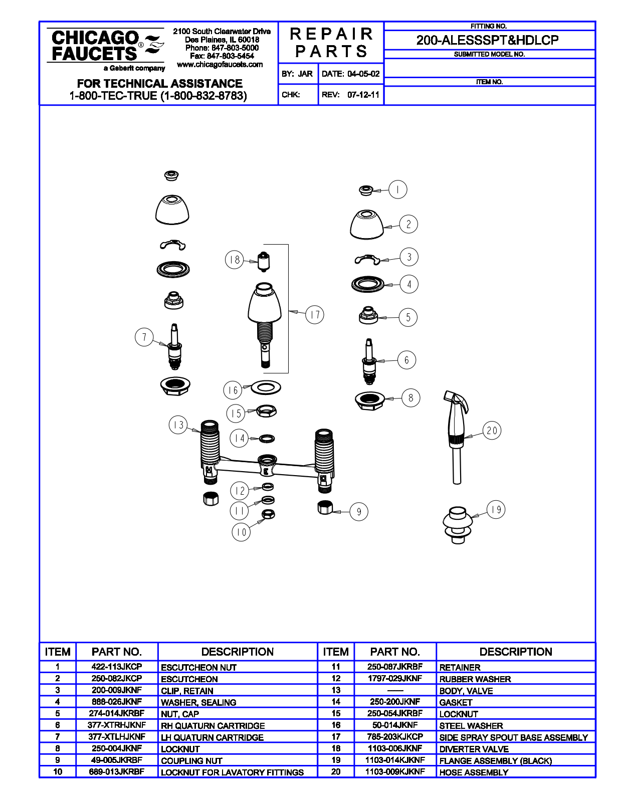 Chicago Faucet 200-ALEHDL Parts List