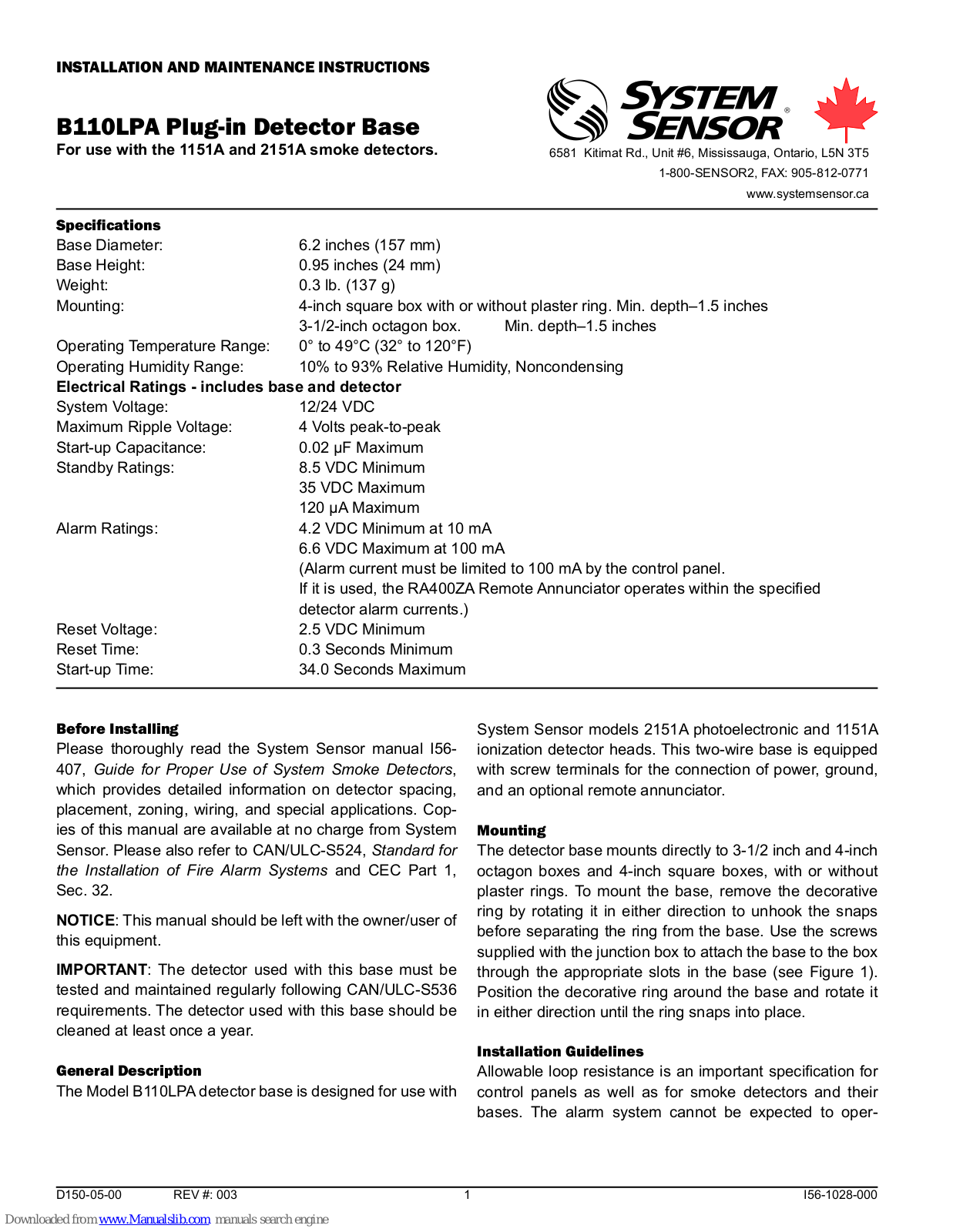 System Sensor B110LPA Installation And Maintenance Instructions Manual