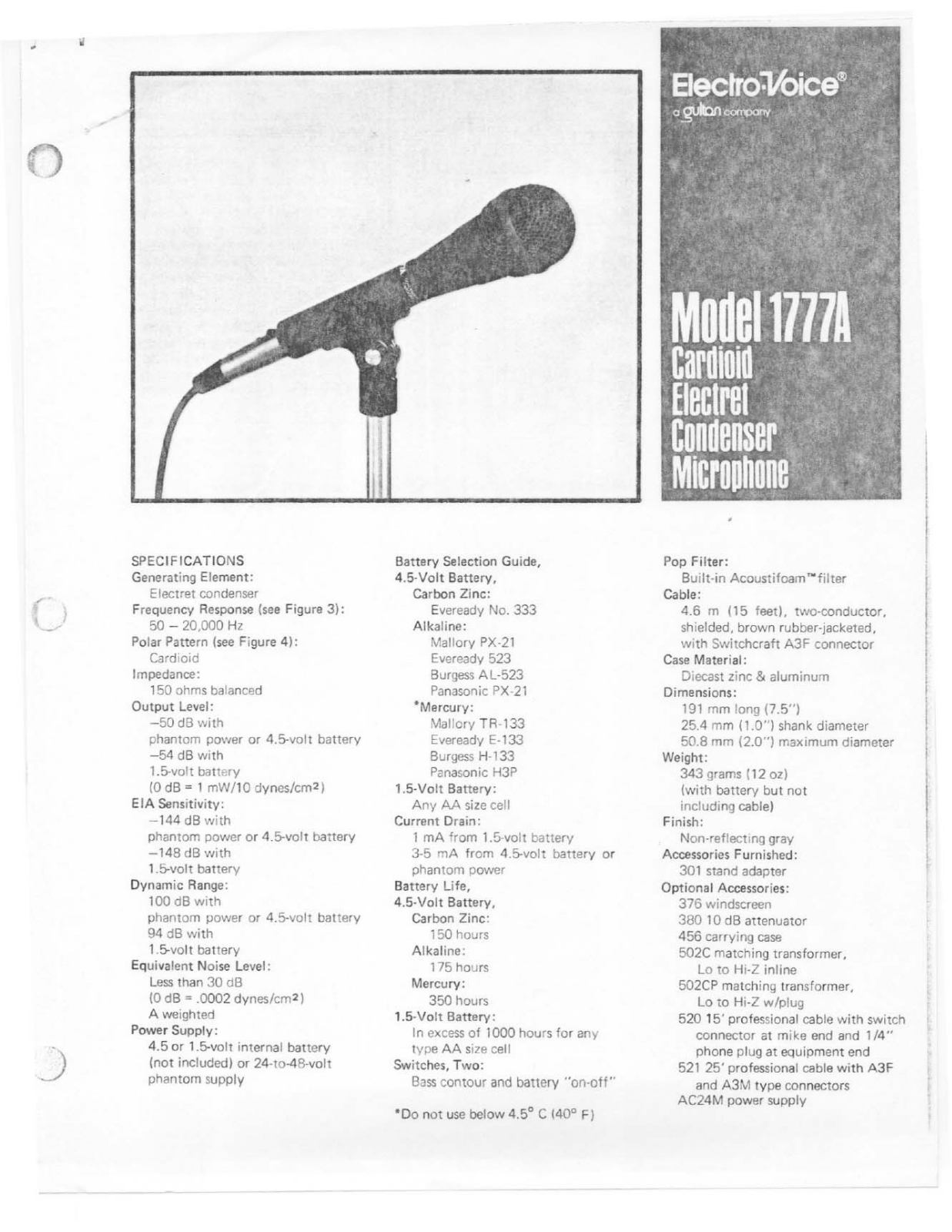 Electro-voice 1777A specification and instructions