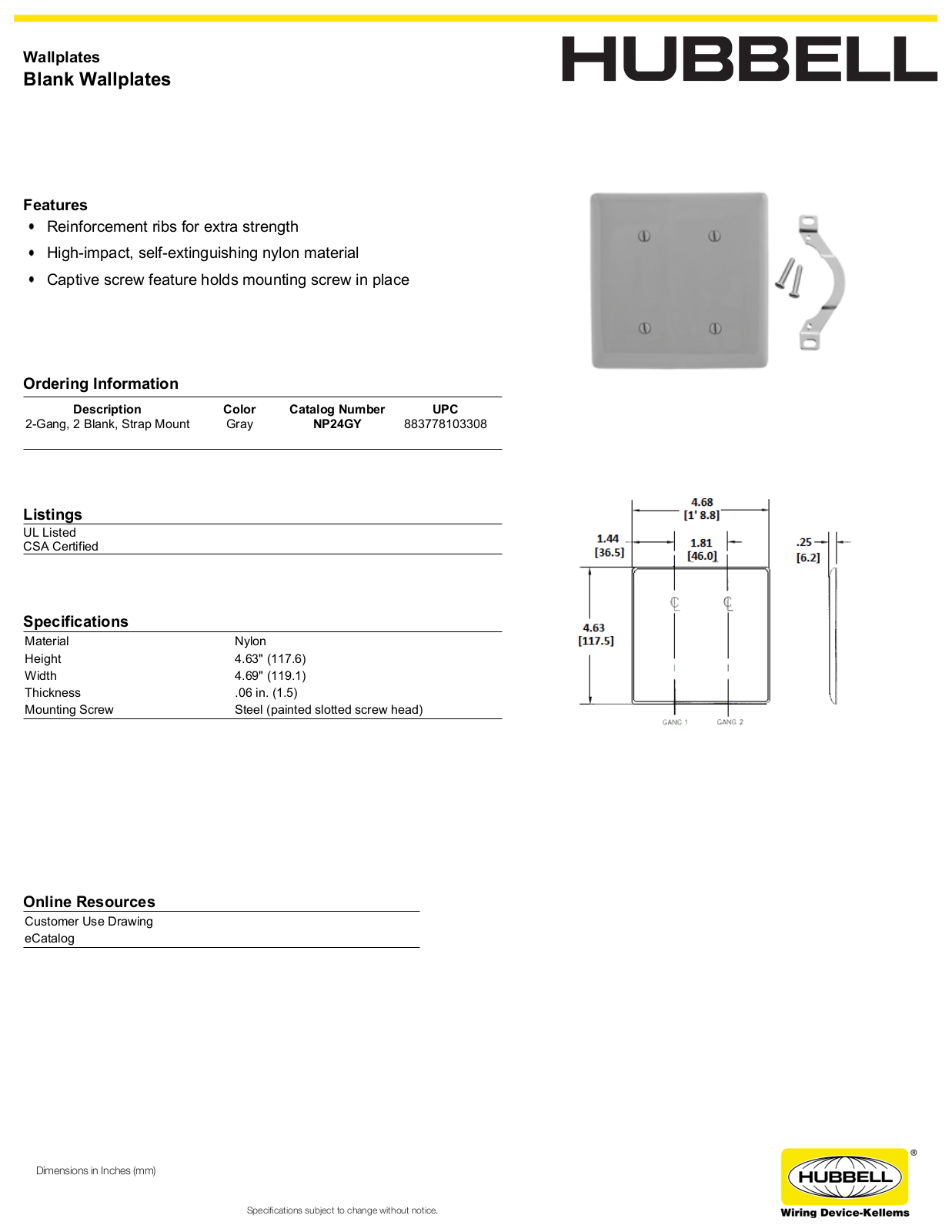 Hubbell NP24GY Specifications