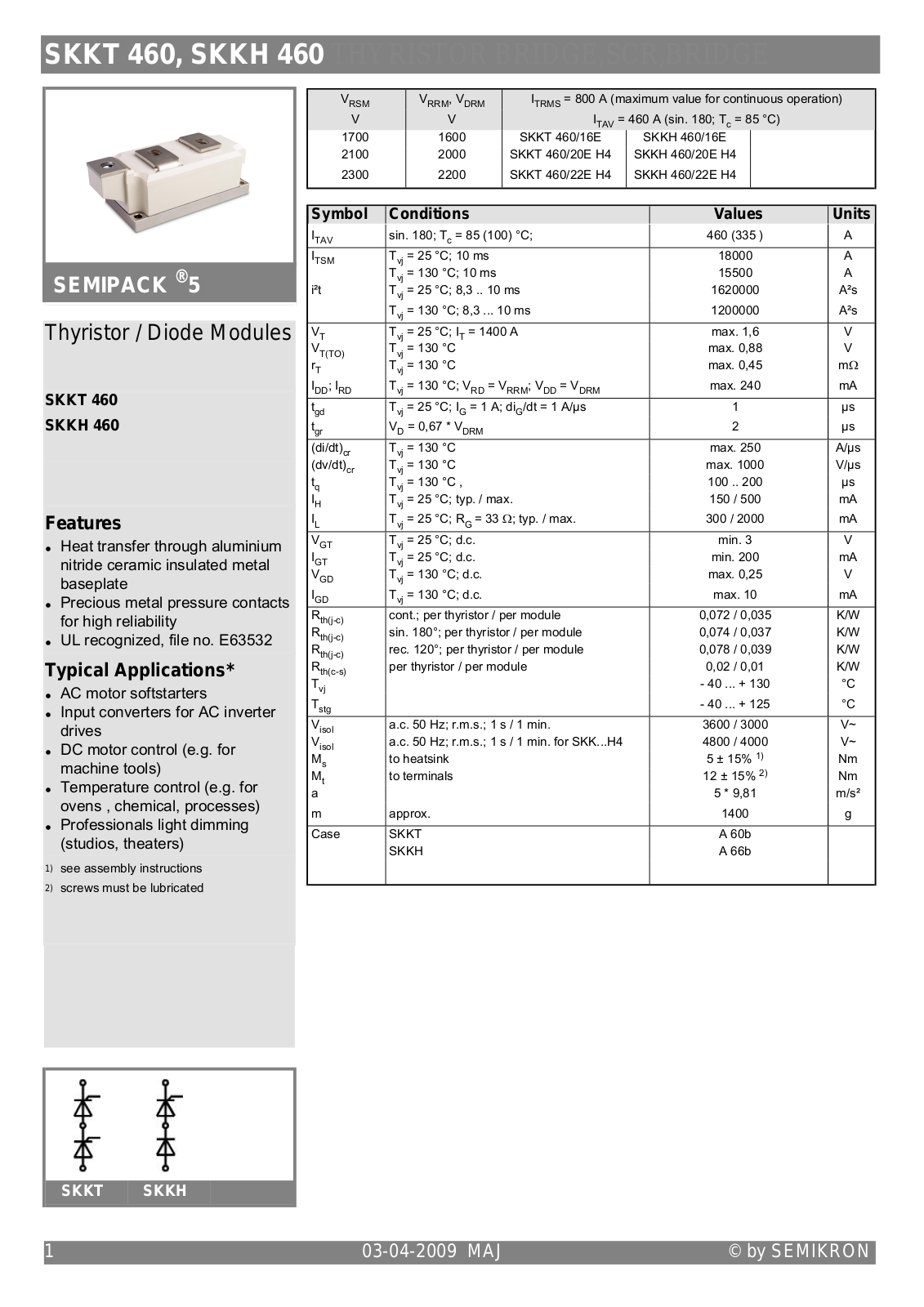 Semikron SKKT 460, SKKH 460 Data Sheet