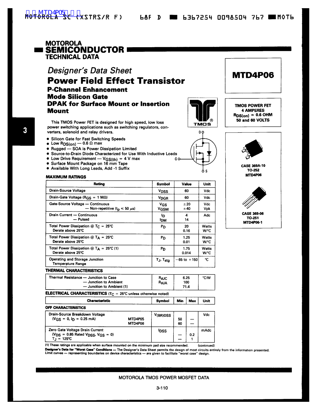 MOTOROLA MTD4P06 Technical data