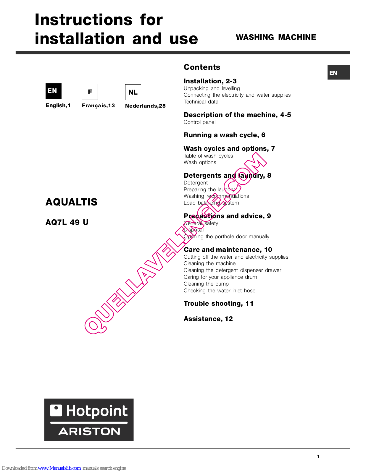 Hotpoint Ariston AQ7L 49 U Instructions For Installation And Use Manual