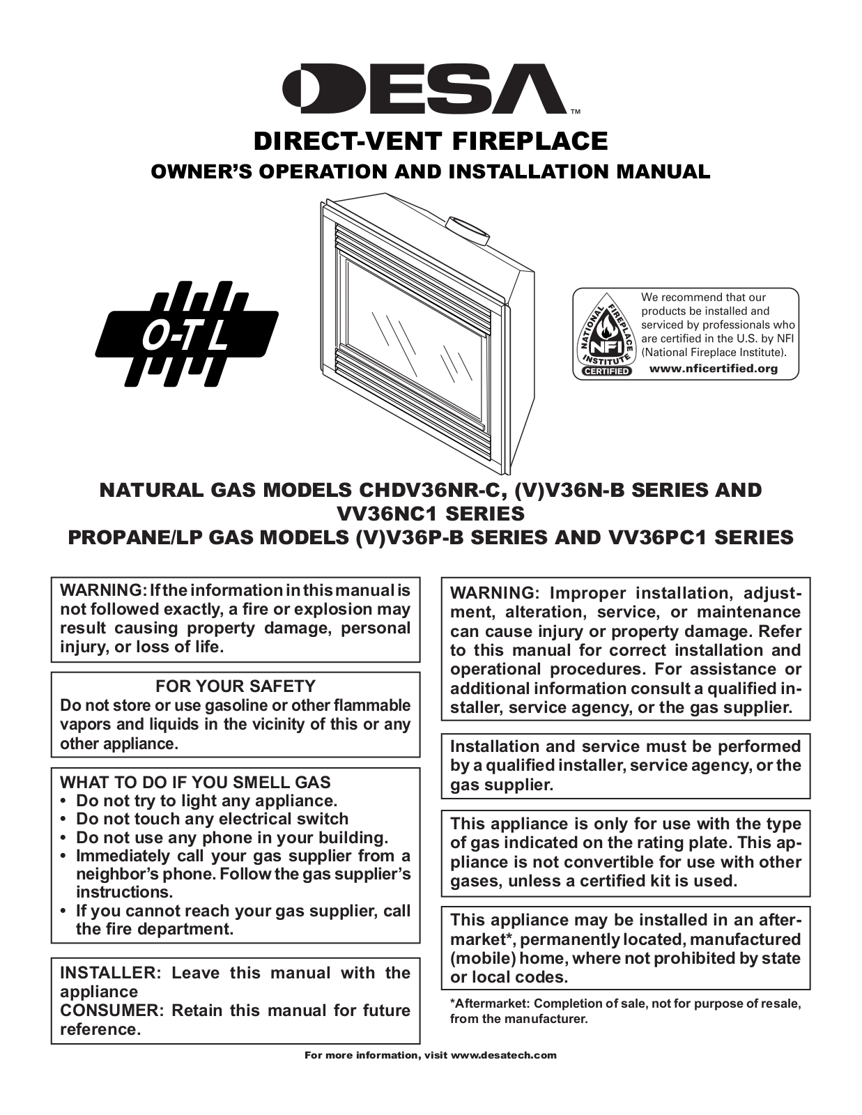 Desa Tech CHDV36NR-A, CHDV36NR-C, CHDV36NR-B, V36NS-A, V36N-A Owner's Manual