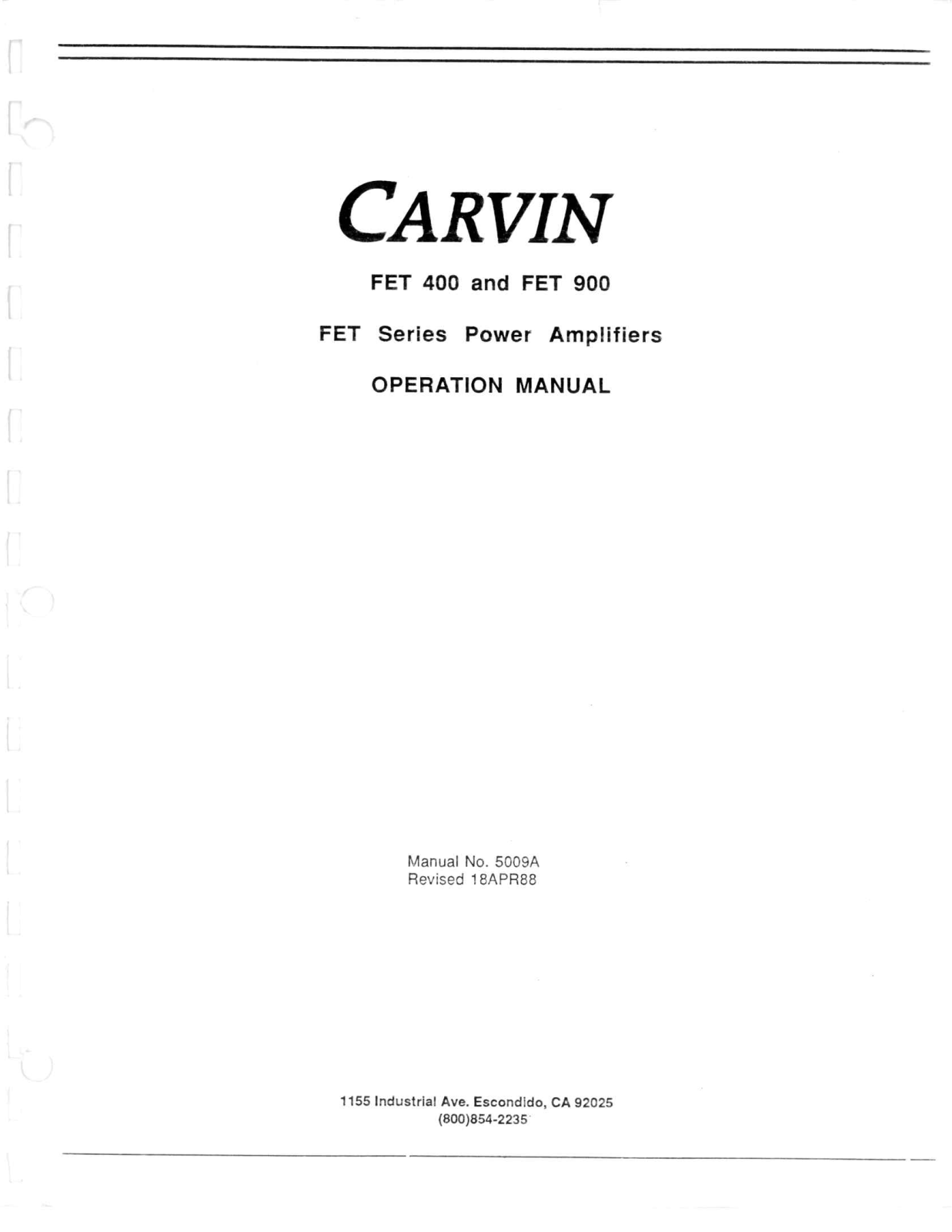 Carvin FET400, FET900 Owner's Manual