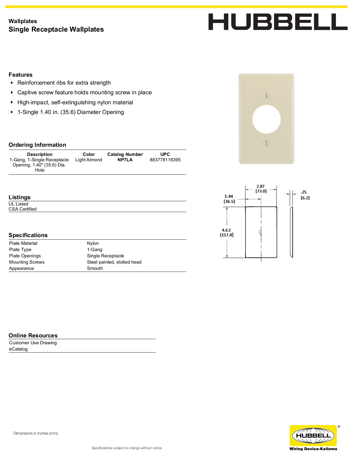 Hubbell NP7LA Specifications