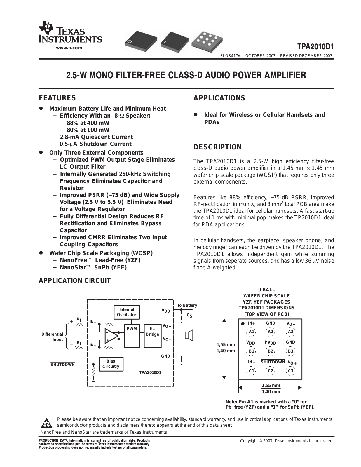 TEXAS INSTRUMENTS TPA2010D1 Technical data