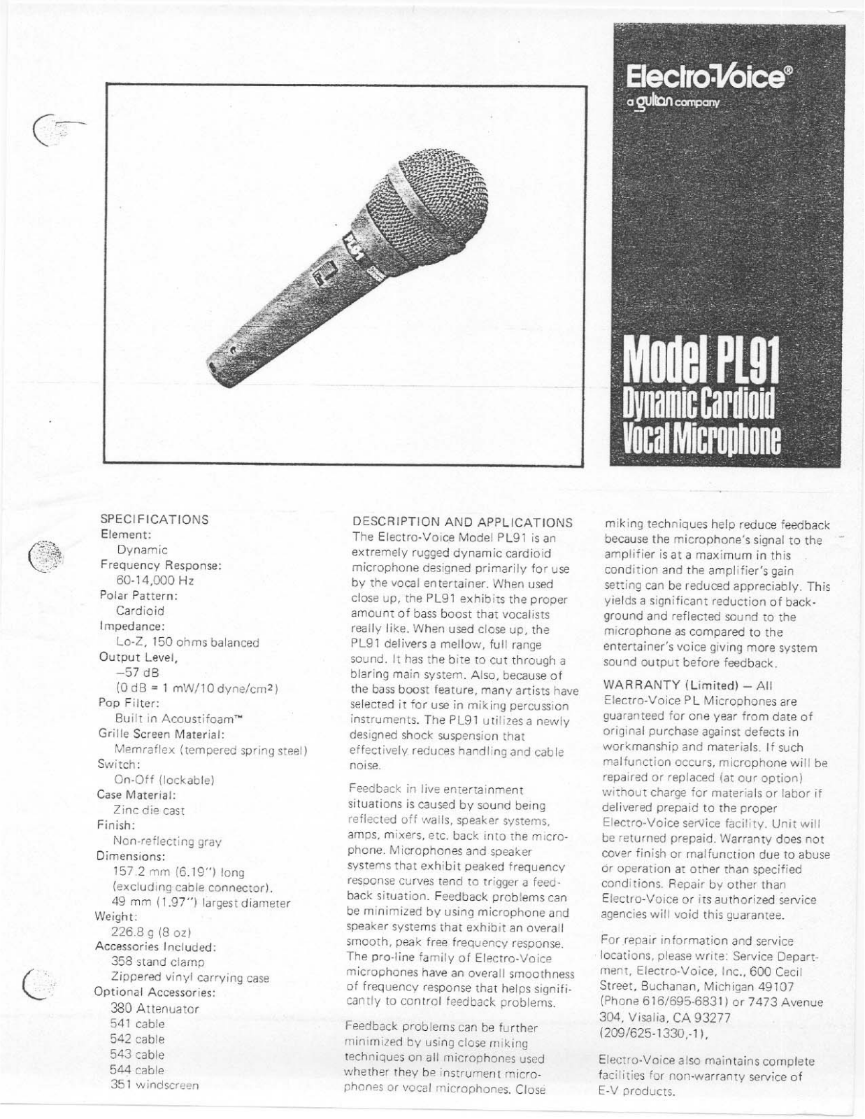 Electro-Voice PL91 User Manual