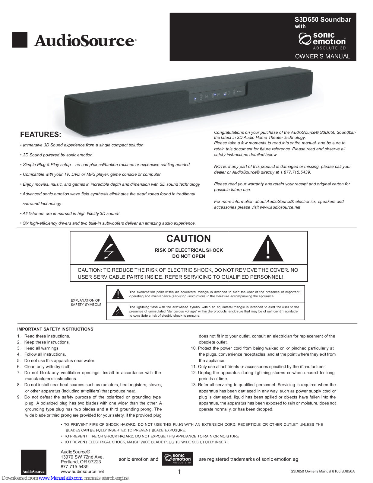 AudioSource S3D650 Owner's Manual