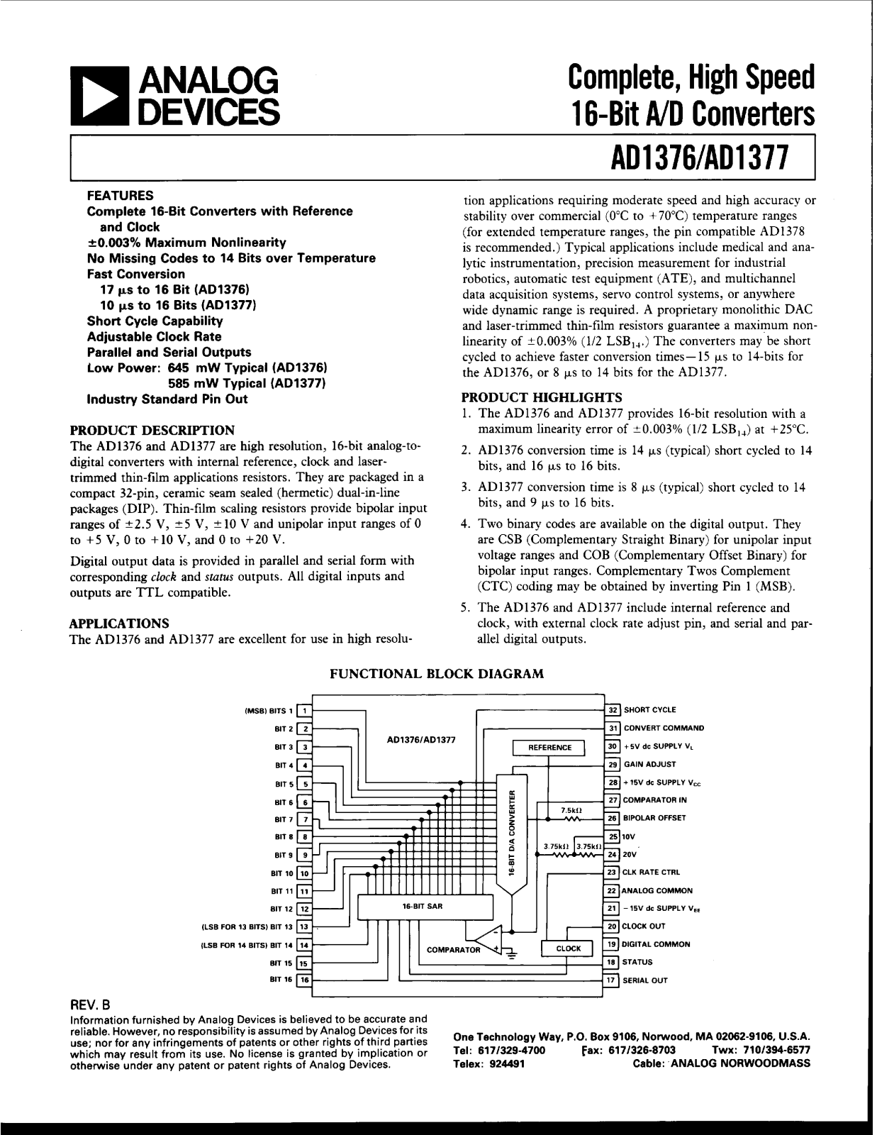 Analog Devices AD1376KD, AD1376JD, AD1377KD, AD1377JD Datasheet