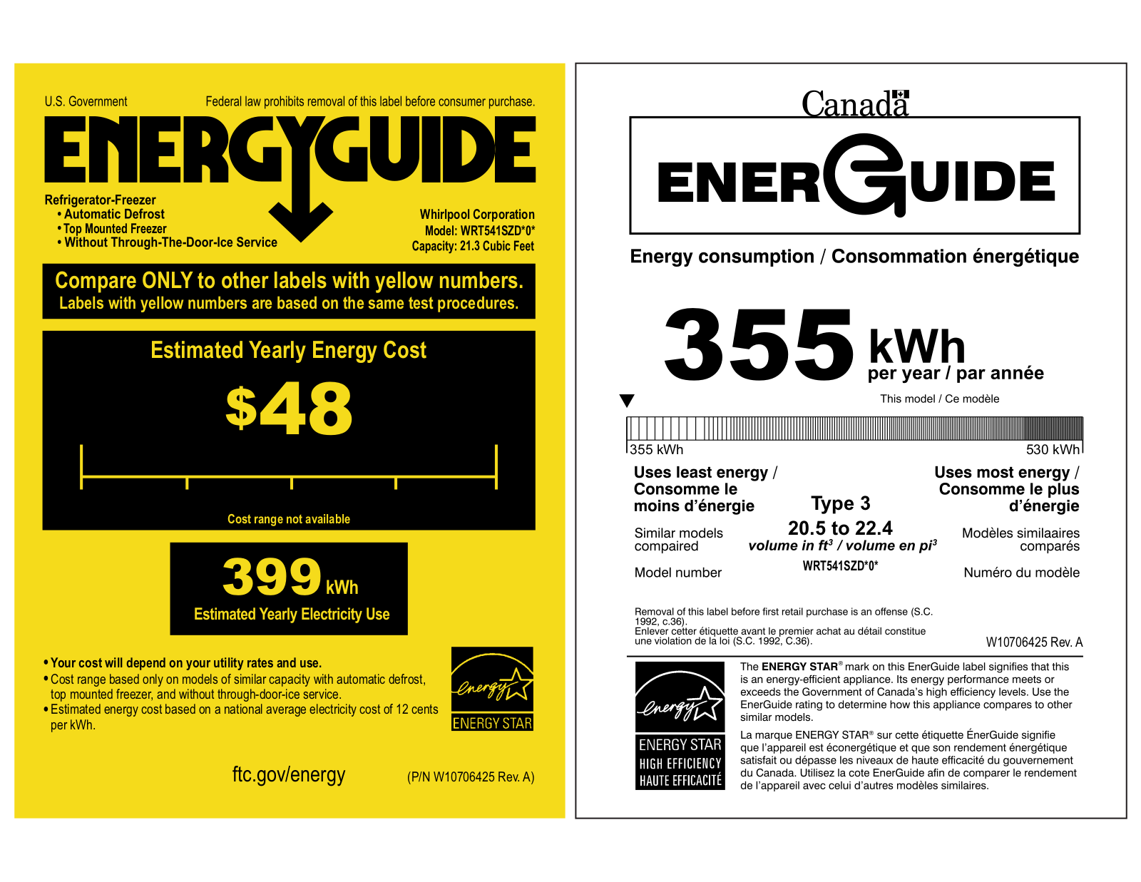 Whirlpool WRT541SZDB Energy Guide