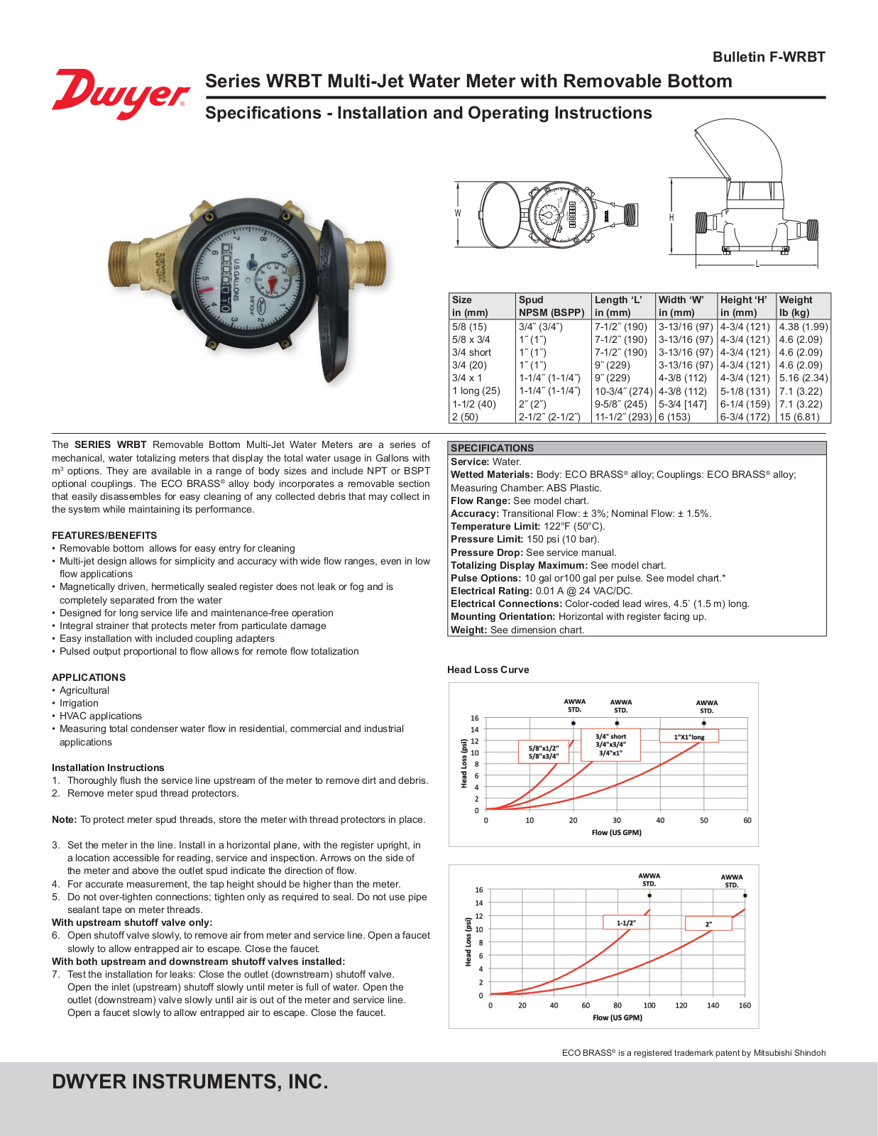 Dwyer Instruments Series WRBT Installation and Operating Instructions