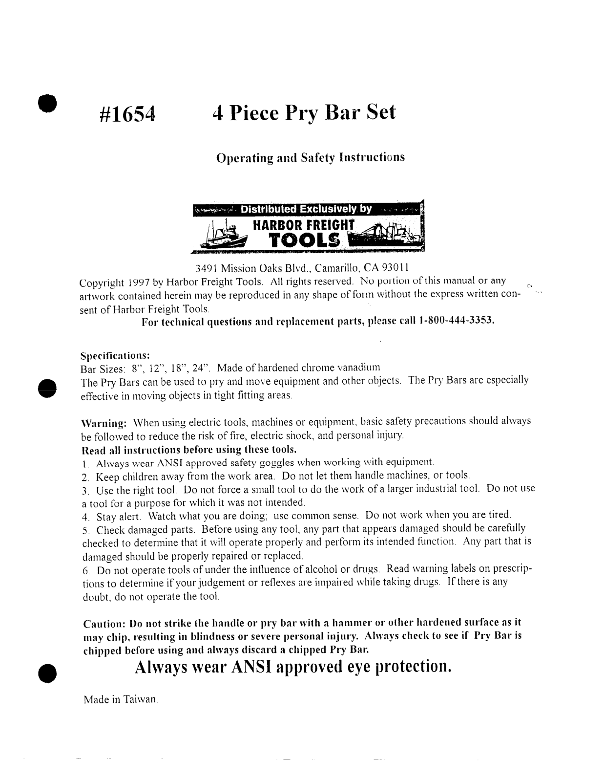 Harbor Freight Tools Pry Bar Set Product manual