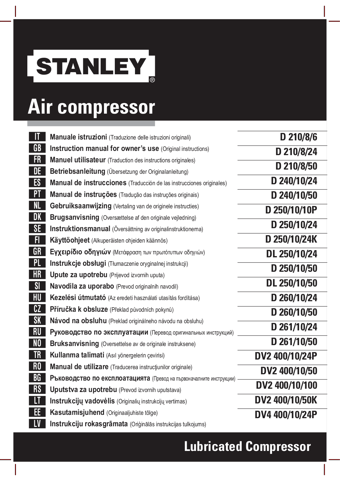 Stanley D 261/10/50, D 250/10/24K, D 261/10/24, DL 250/10/24, D 210/8/6 Instruction Manual