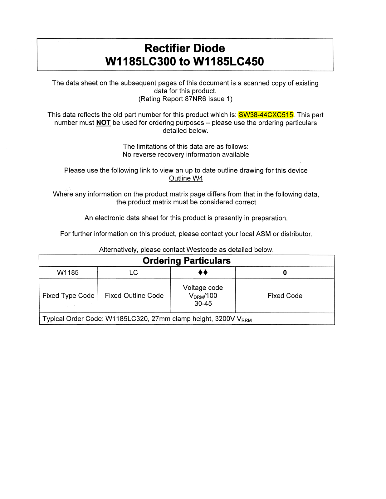 Datasheet W1185LC300, W1185LC450 Datasheet (Westcode Semiconductors) - ManualMachine.com