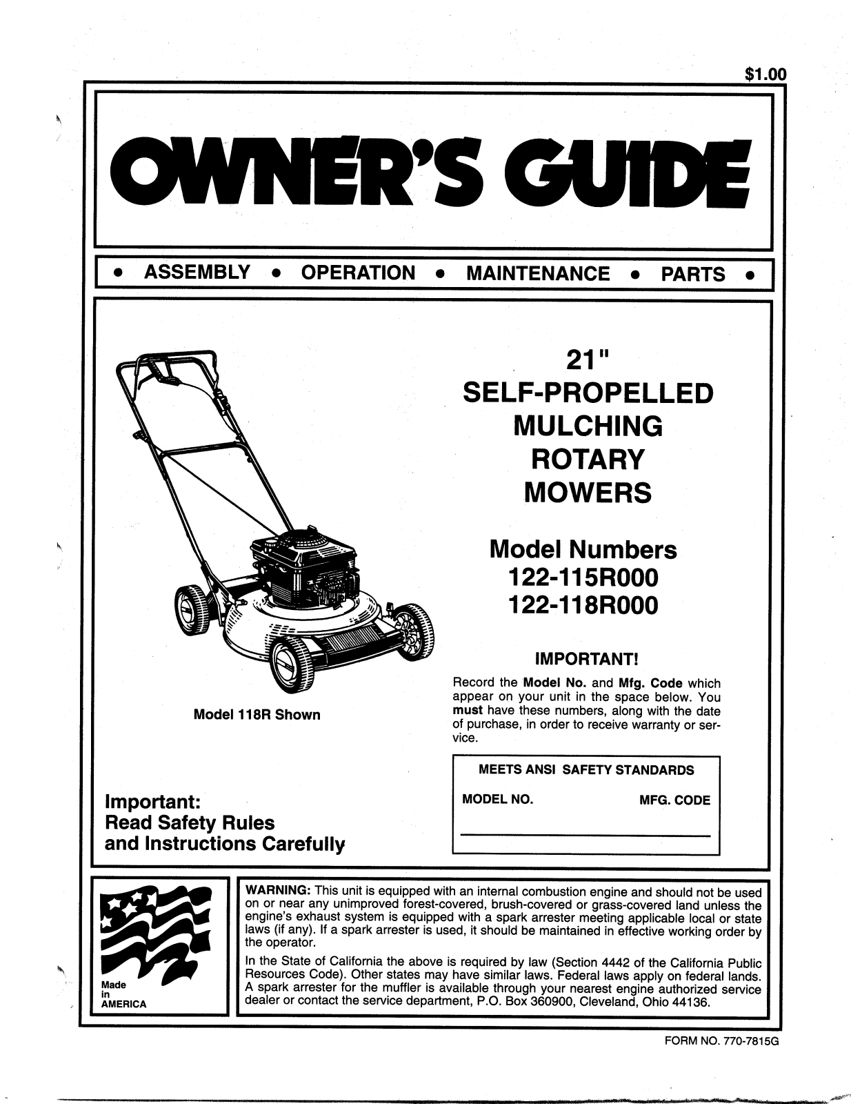 MTD 122-118R000, 122-115R000 User Manual