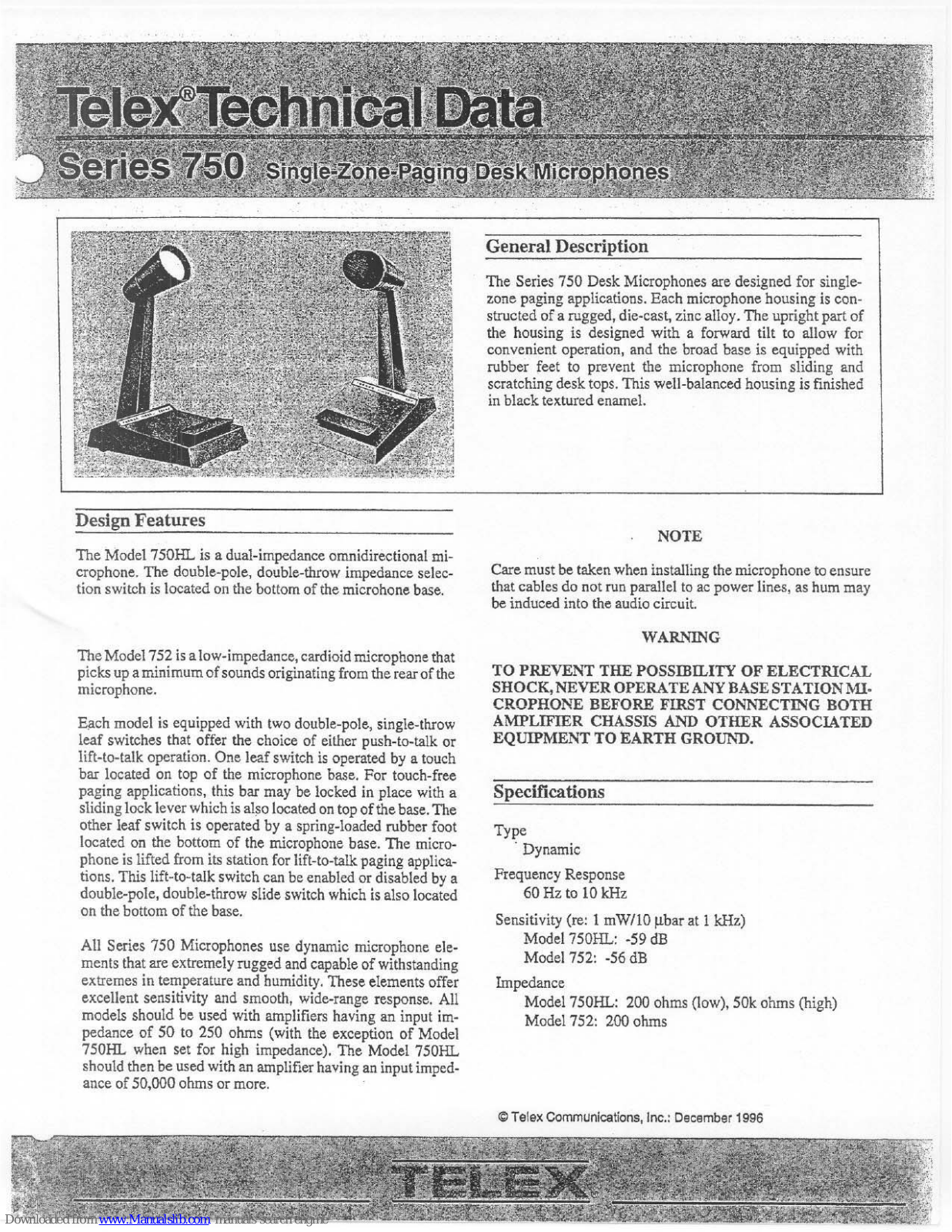 Telex Series 750, 750HL, 752 Technical Data Manual