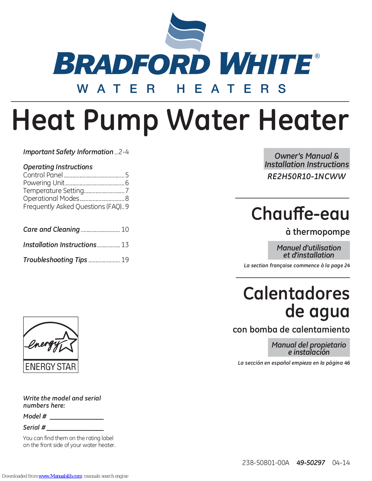 Bradford White RE2H50R10-1NCWW Owner's Manual & Installation Instructions