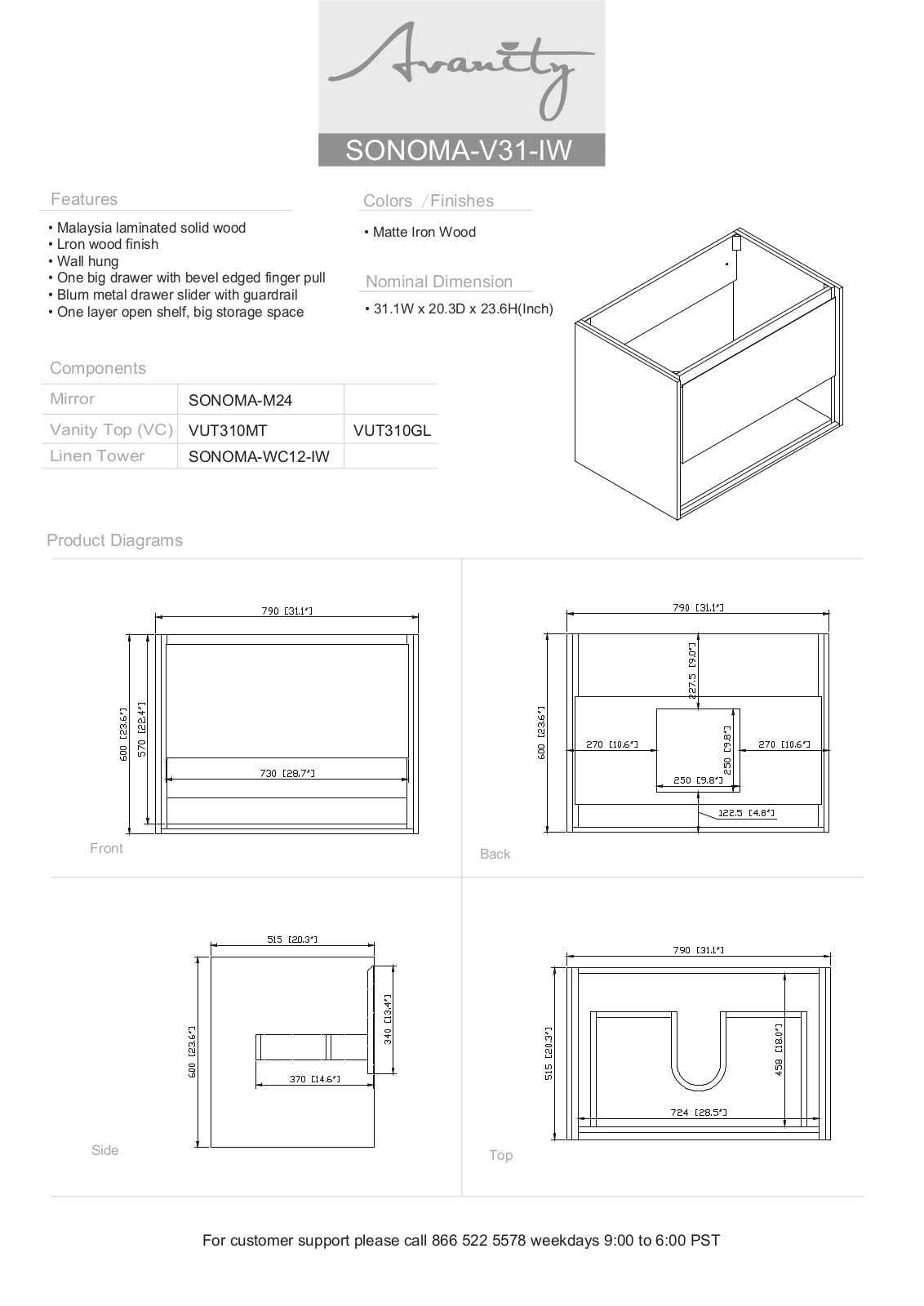 Avanity SONOMAV31WT Specifications