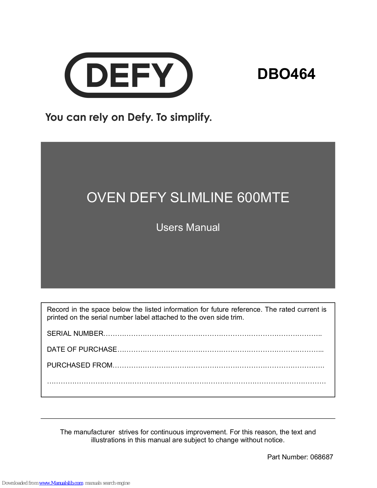 Defy Slimline 600MTE DBO464, GEMINI 700MTE, DBO464 User Manual