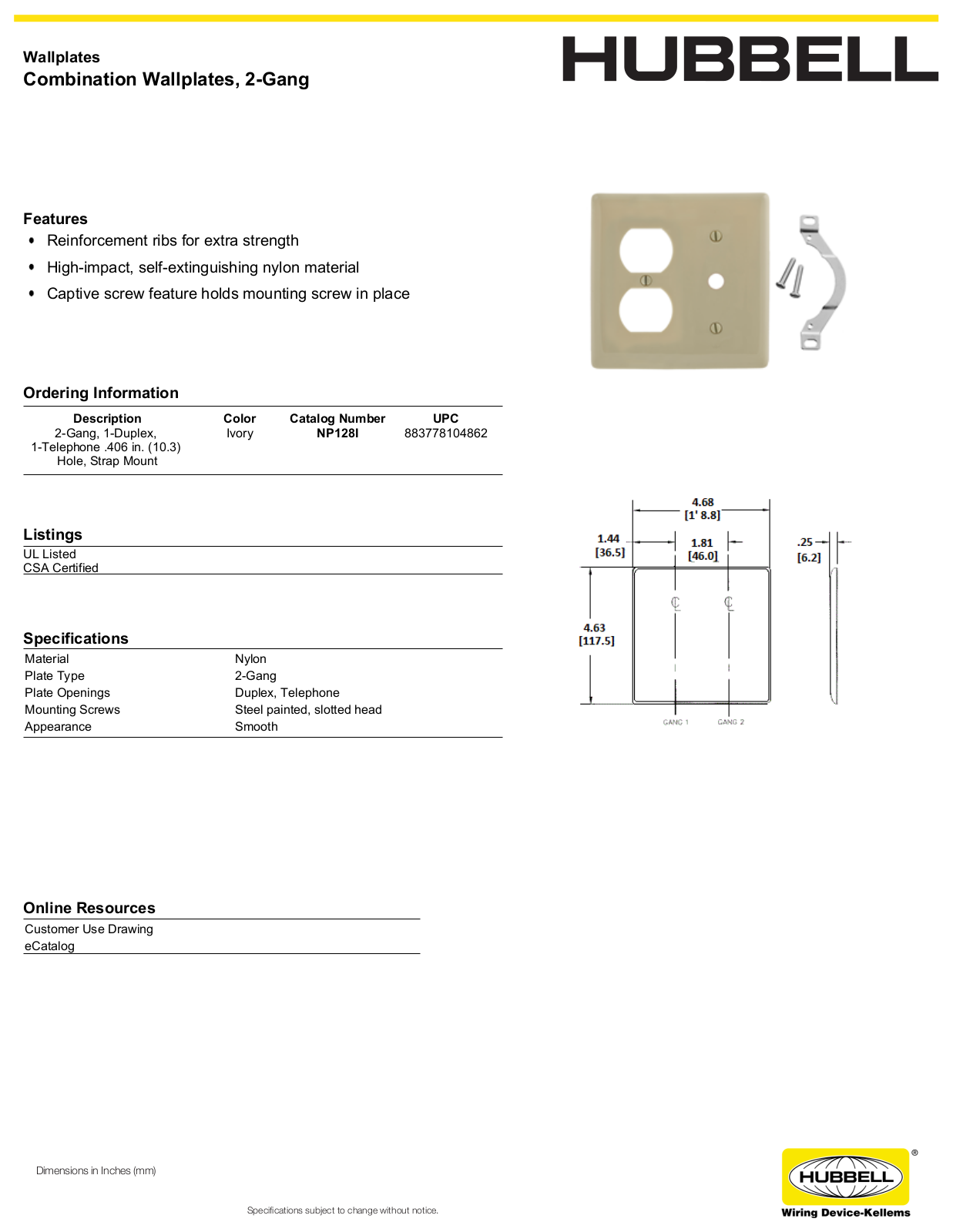 Hubbell NP128I Specifications