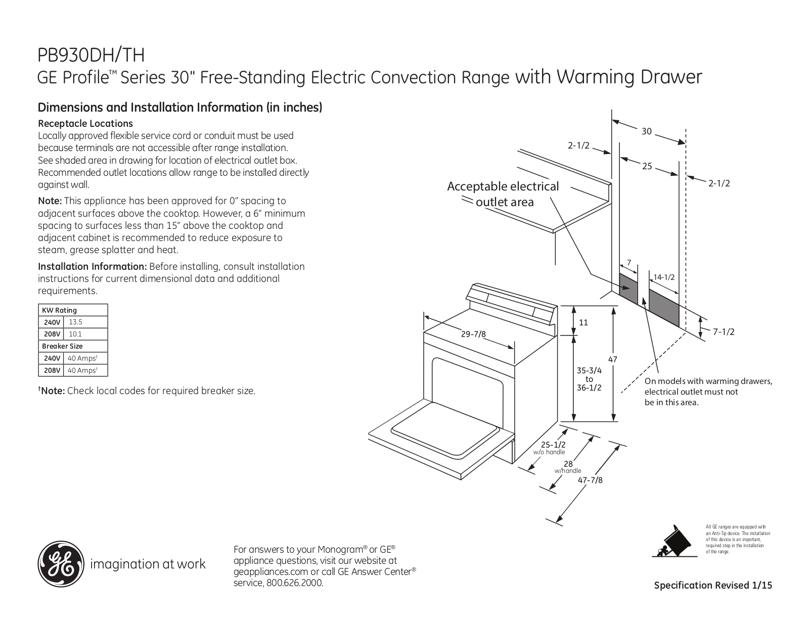 GE PB930THWW, PB930DHBB Specification Sheet