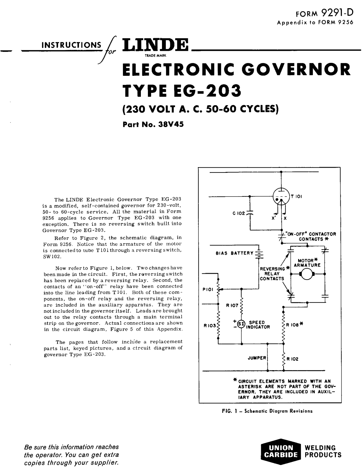 UNION CARBIDE Linde Electronic Governor Type EG-203 Troubleshooting instruction