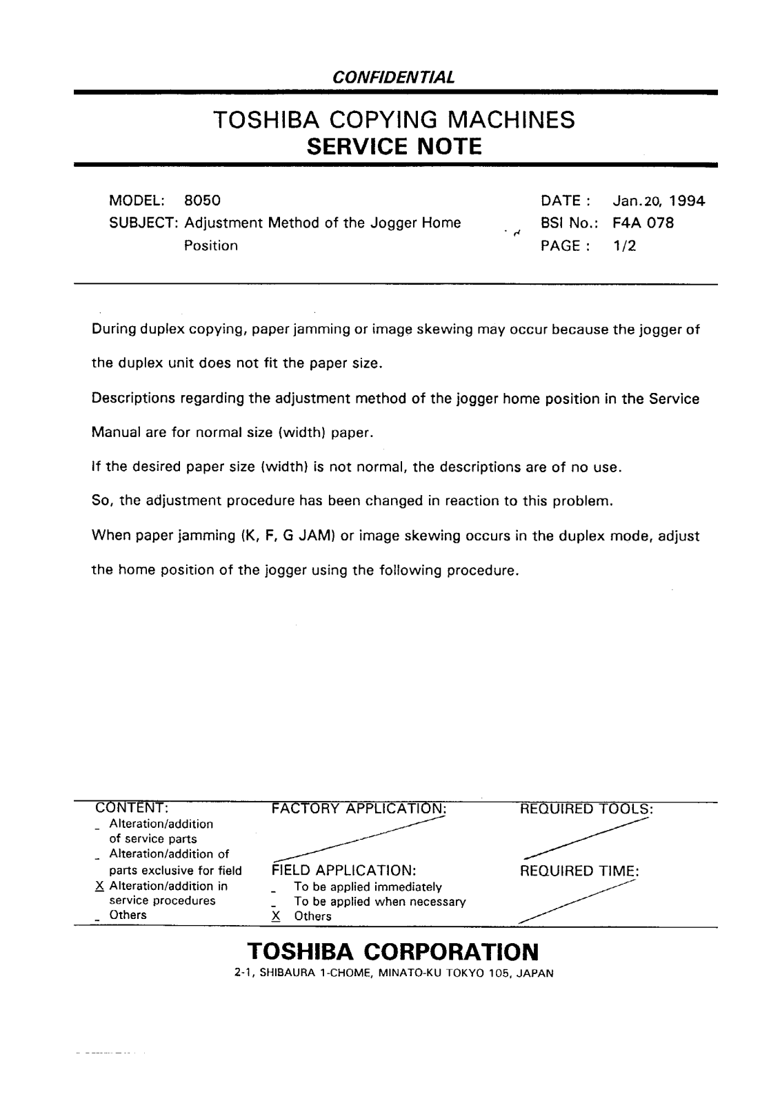 Toshiba f4a078 Service Note