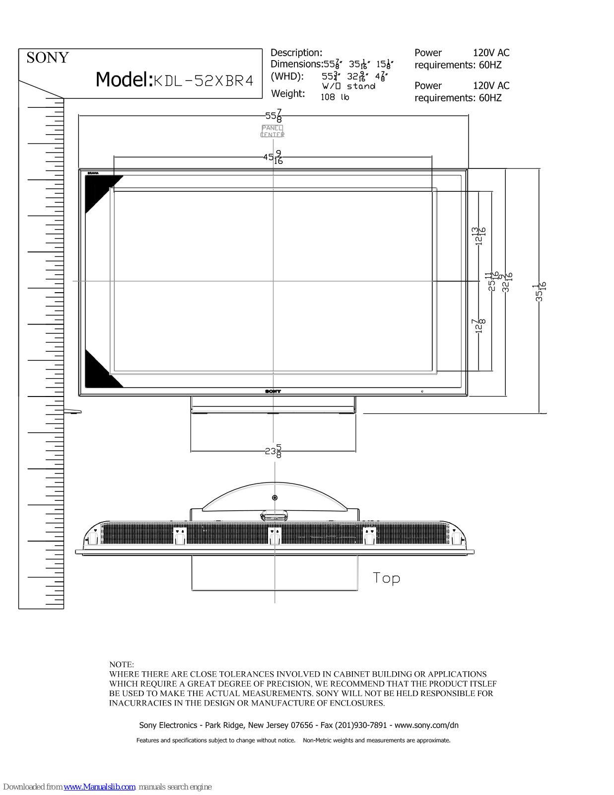 Sony BRAVIA KDL-52XBR4 Dimensional Drawing