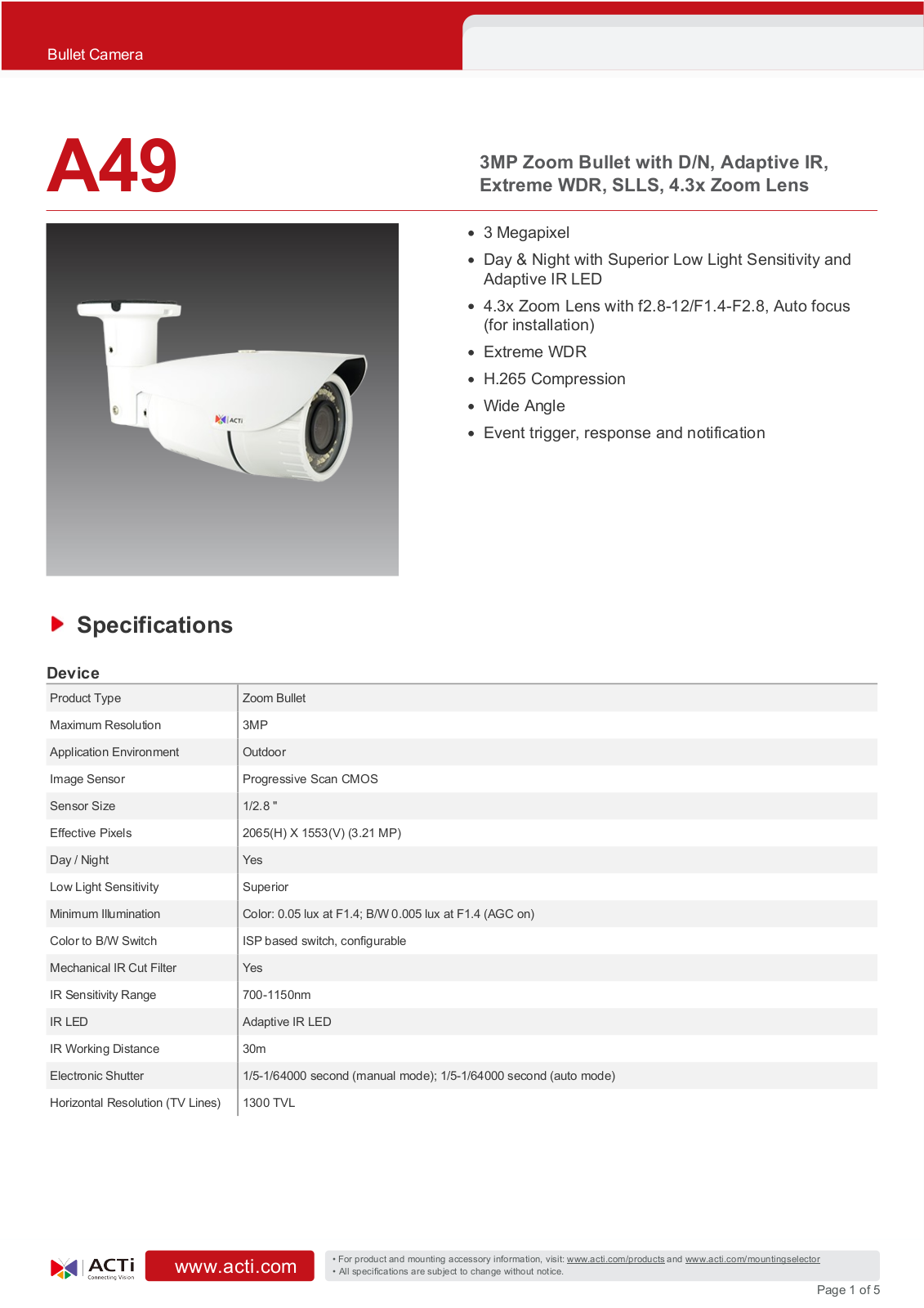 ACTi A49 Specsheet