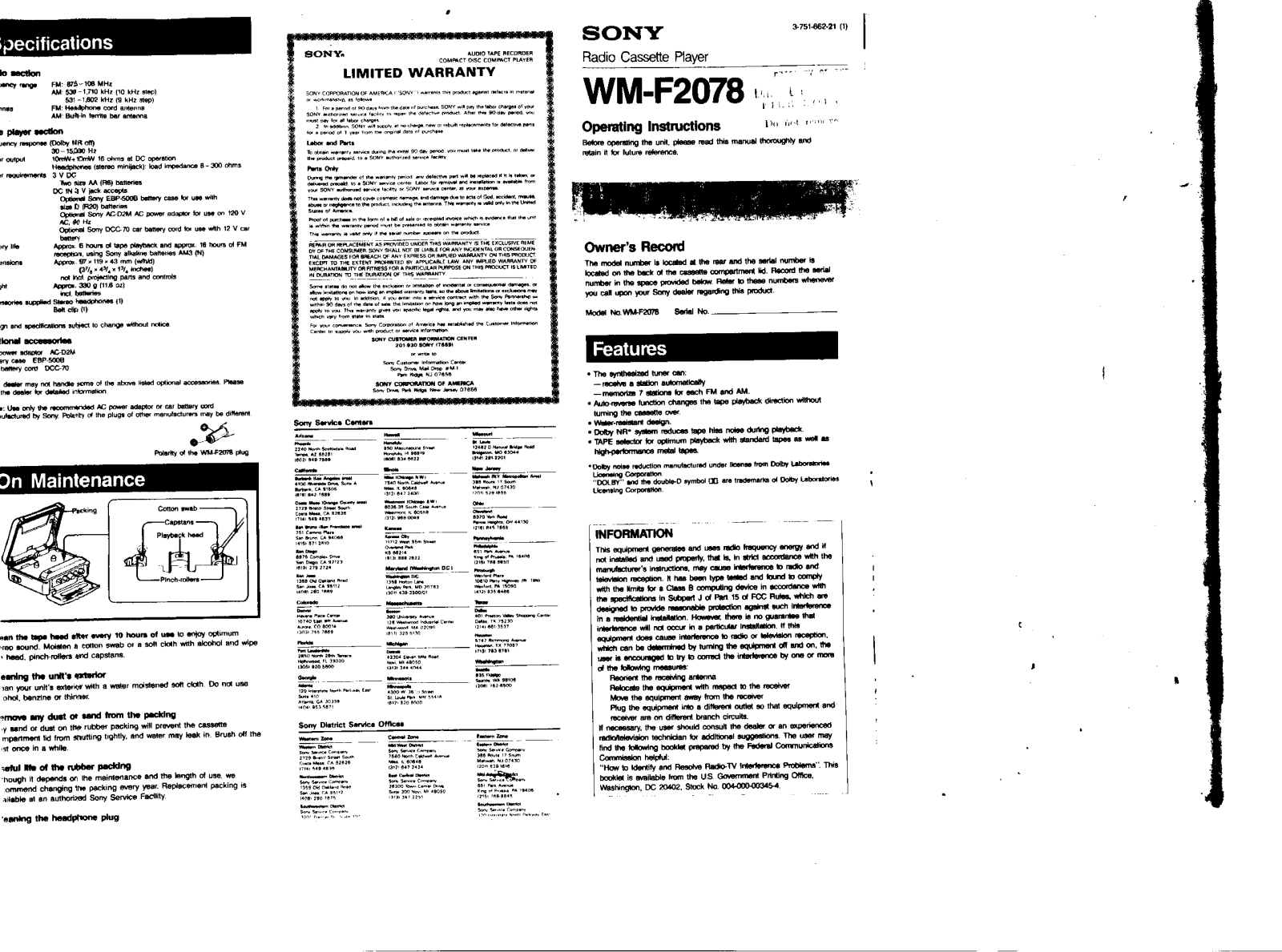 Sony WM-F2078 User Manual