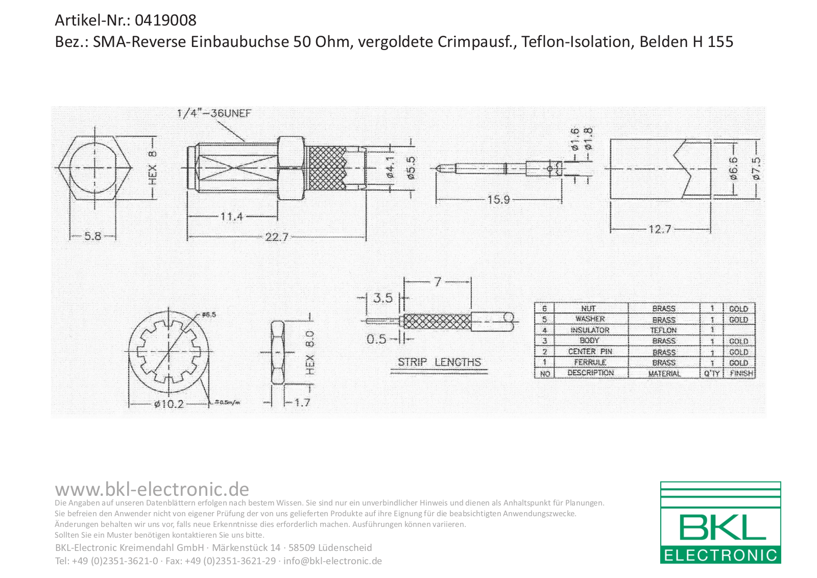 BKL SMA REV BU-155 Datasheet - ManualMachine.com