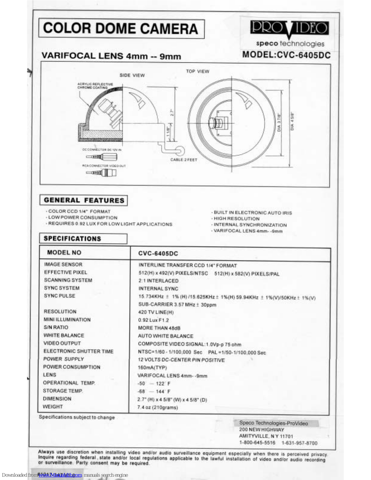 Speco PROVIDEO CVC-6405DC Specification Sheet