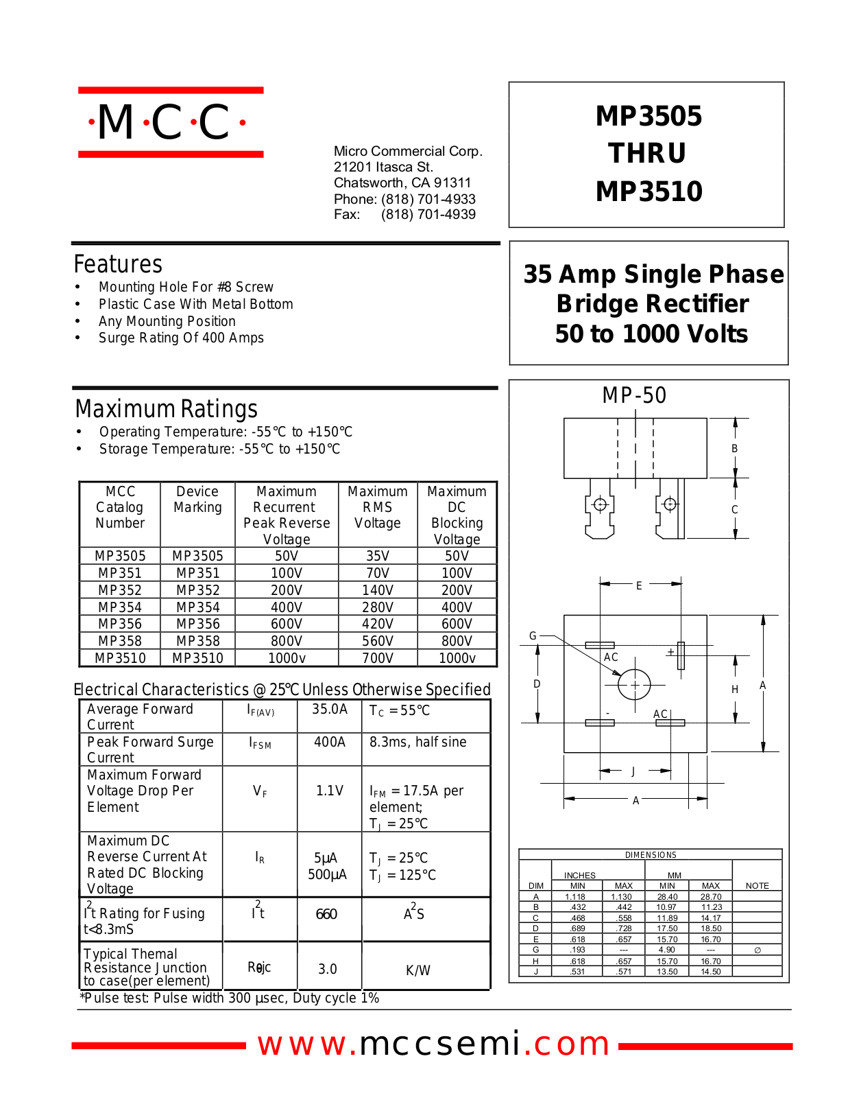 MCC MP351, MP3505, MP356, MP358, MP352 Datasheet