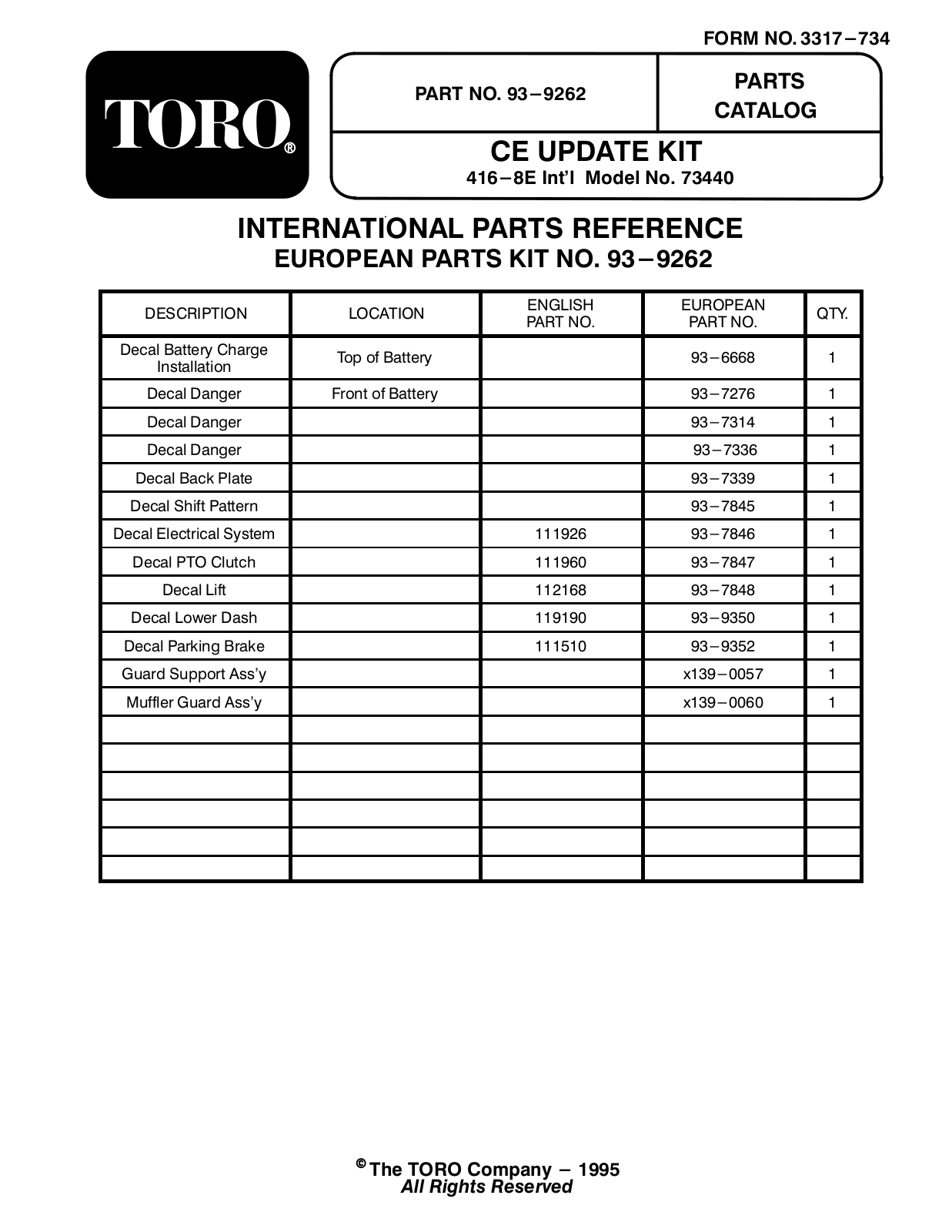 Toro 93-9262 Parts Catalogue